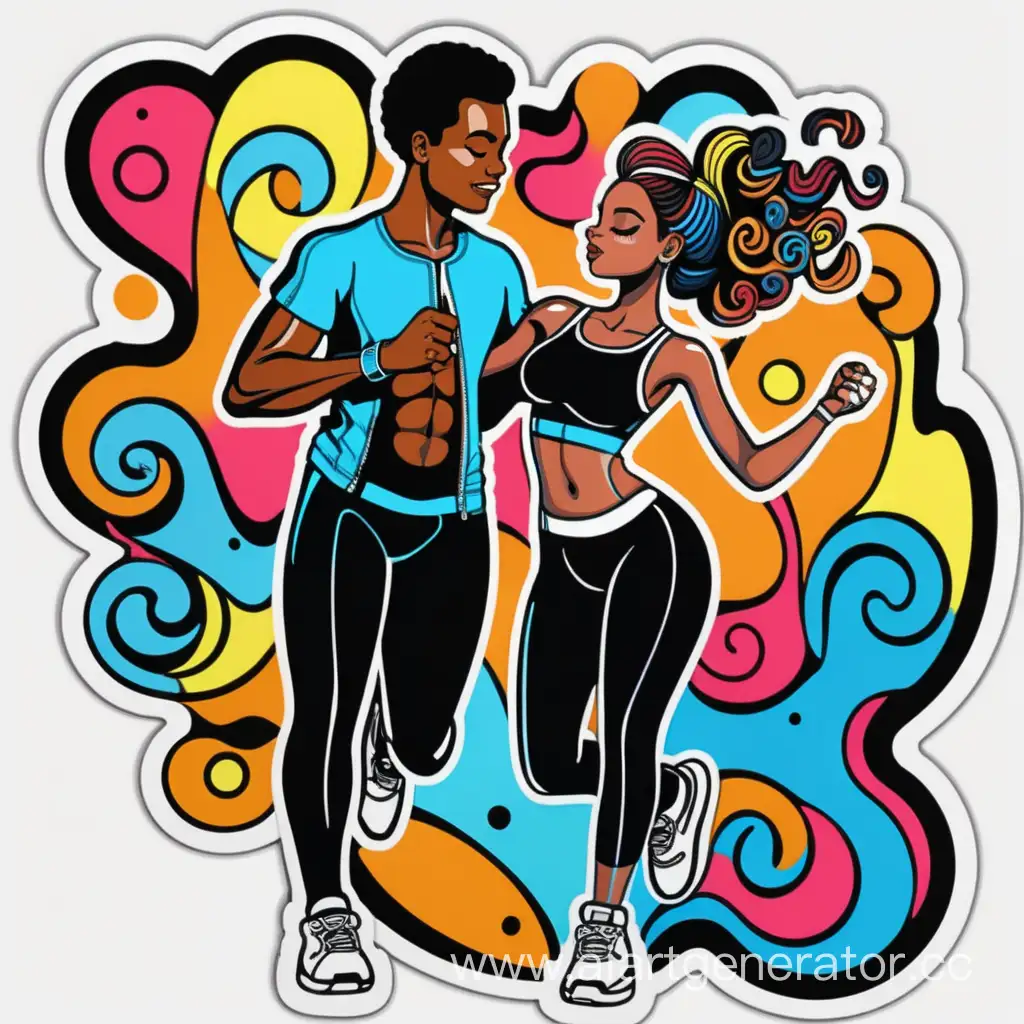 Sticker,Pop Art Black couple with Abstract Swirls and Playful Color Palette,Engaging in Exercise and Healthy Lifestyle,contour,vector,white background