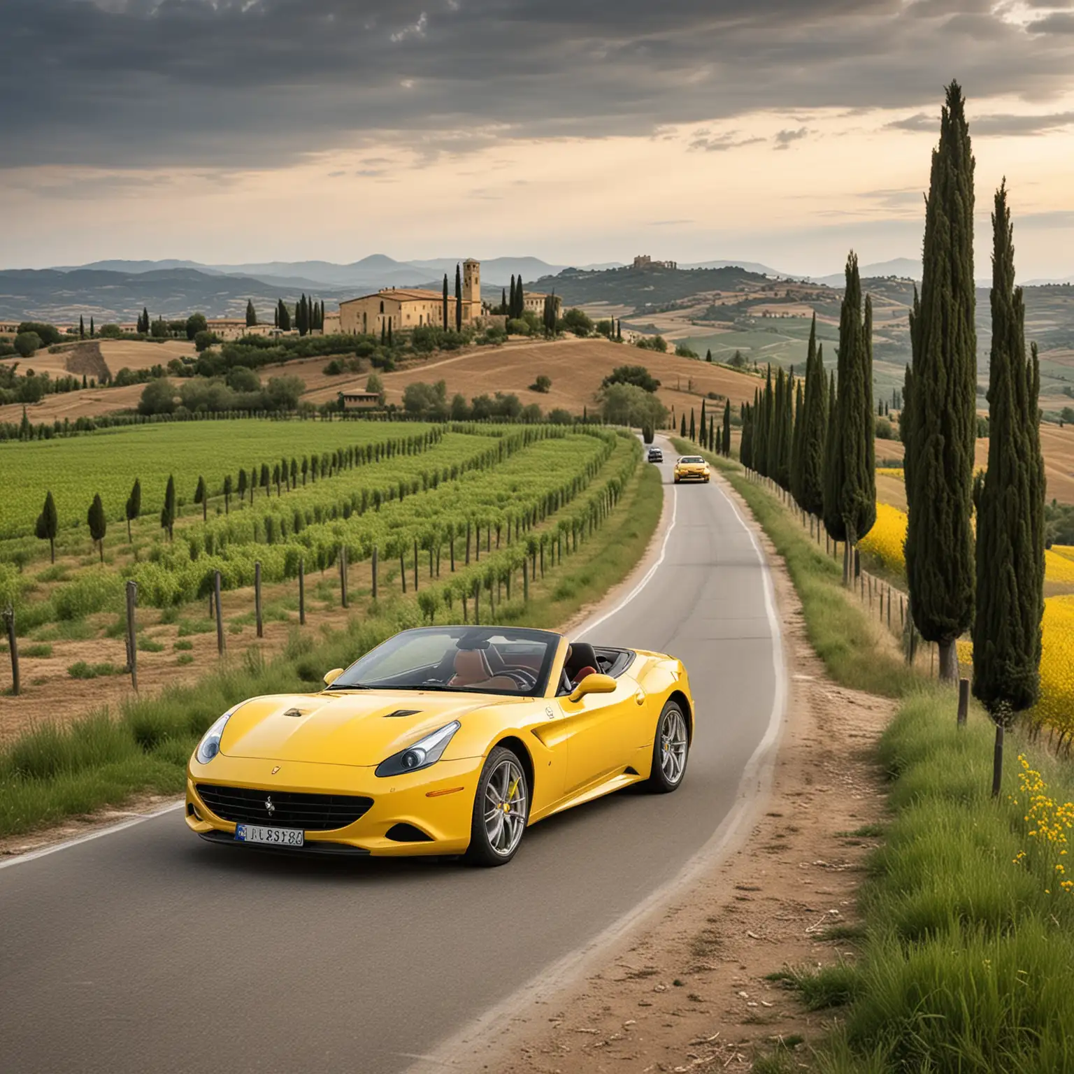 A yellow Ferrari California, pulling a small caravan, through the landscape of Tuscany