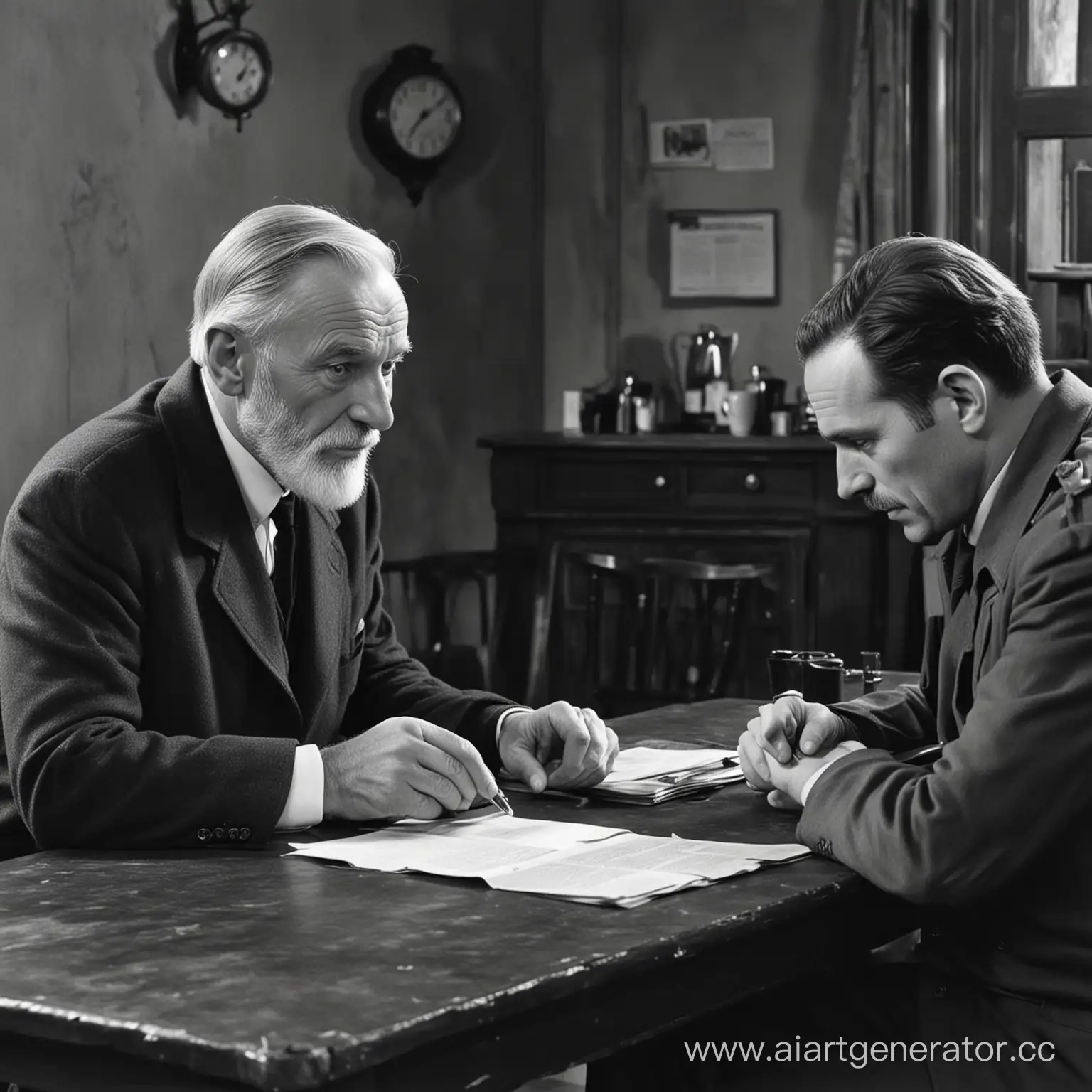 черно белая фотография, детектив сидит за столом со старцем
