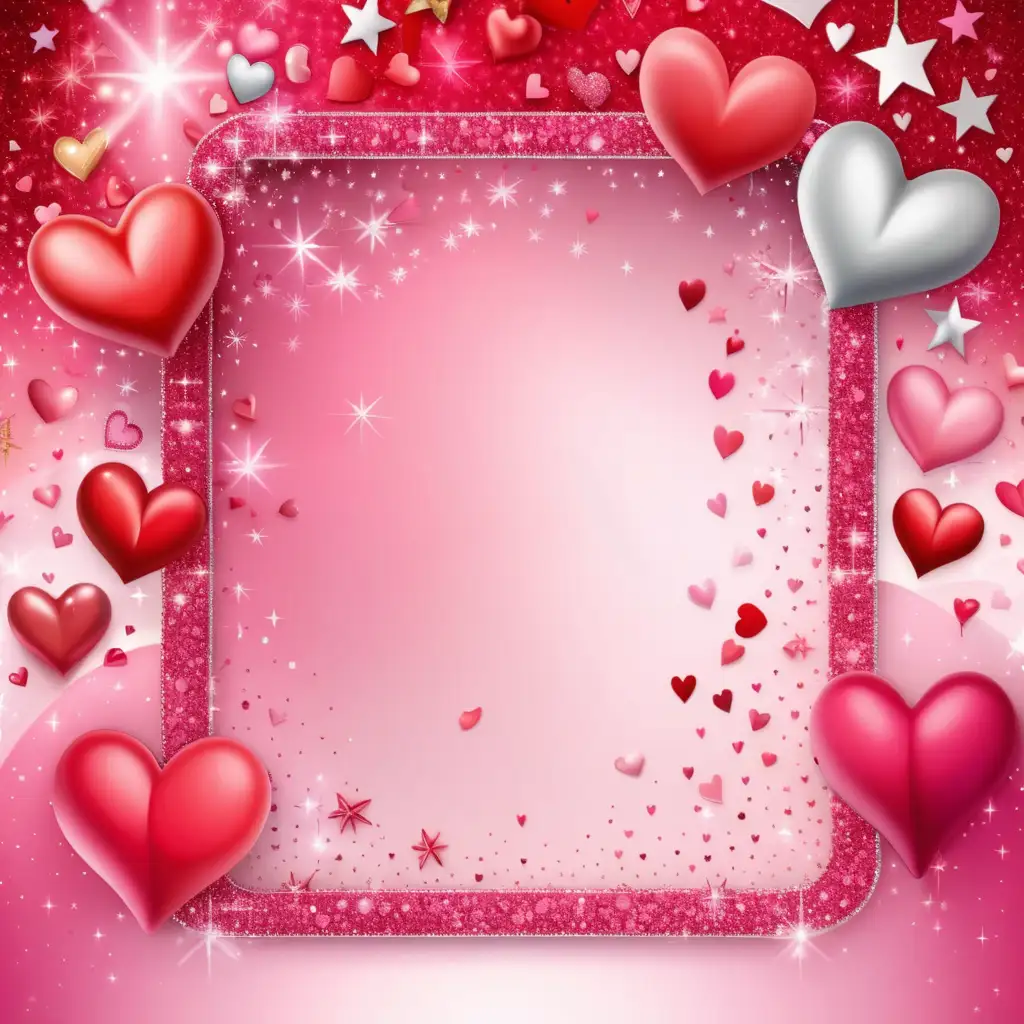 a valentine day background with 3D hearts and stars, glitter border on top and bottom, with a repeating pattern,  