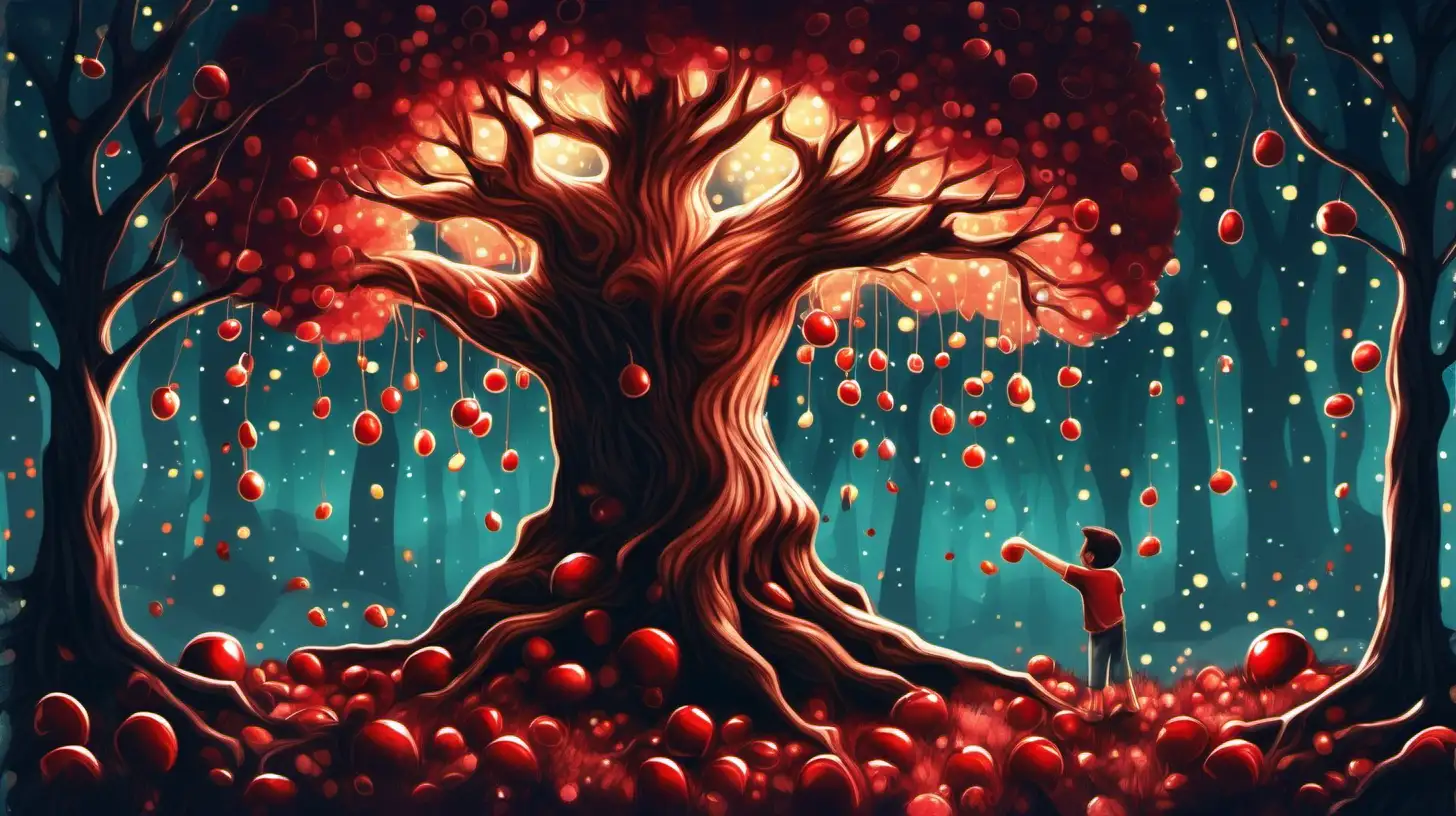 illustrate a tree, whose fruits are little red candys, A 30 years old brown hair man cuts the branches of this tree, at night, summer, in the magical forest