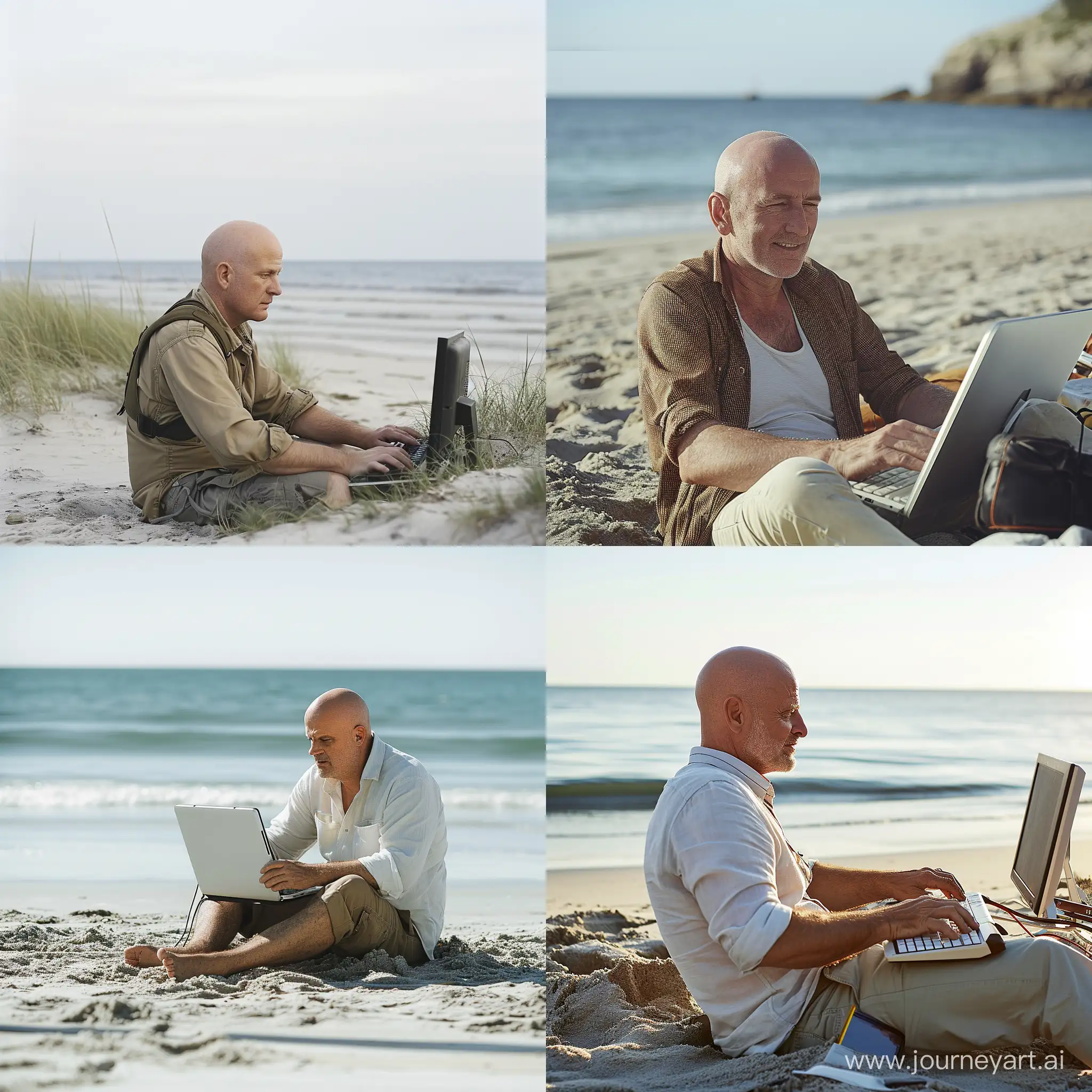 A men that works on a computer on  the beach, age 44, bald hair, caucasian