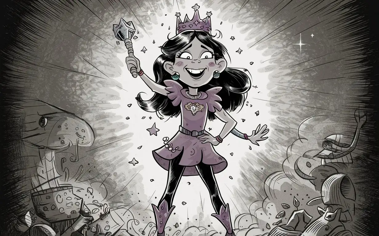cheerful girl 12 years old princess of chaos full-grown prankster hooligan