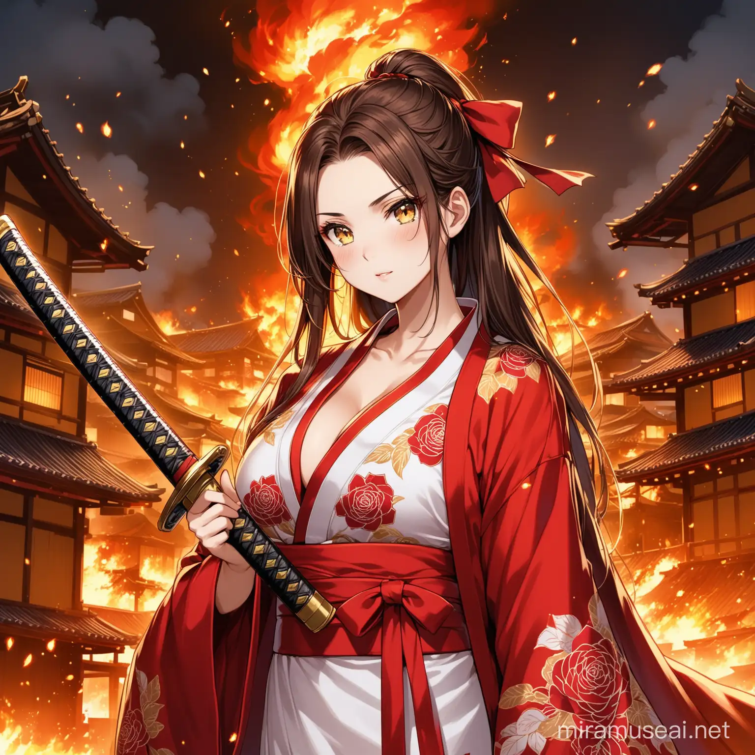 A 19 year old looking girl with brown long hair. With a red ribbon on the pony. She is wearing a red and white hewlan kimono. She have big boobs. She have yellow eyes. Above her wrist she have a tattoo of an elegant rose. In her hand she is holding a red themed glorious katana. Above her hewlan kimono she is hanging a white-golden-red themed coat like cape, like navy Admirals wear. Scorching flame fragments small as little are coming out of her neck. Background is a burnt massacred samurai town in night