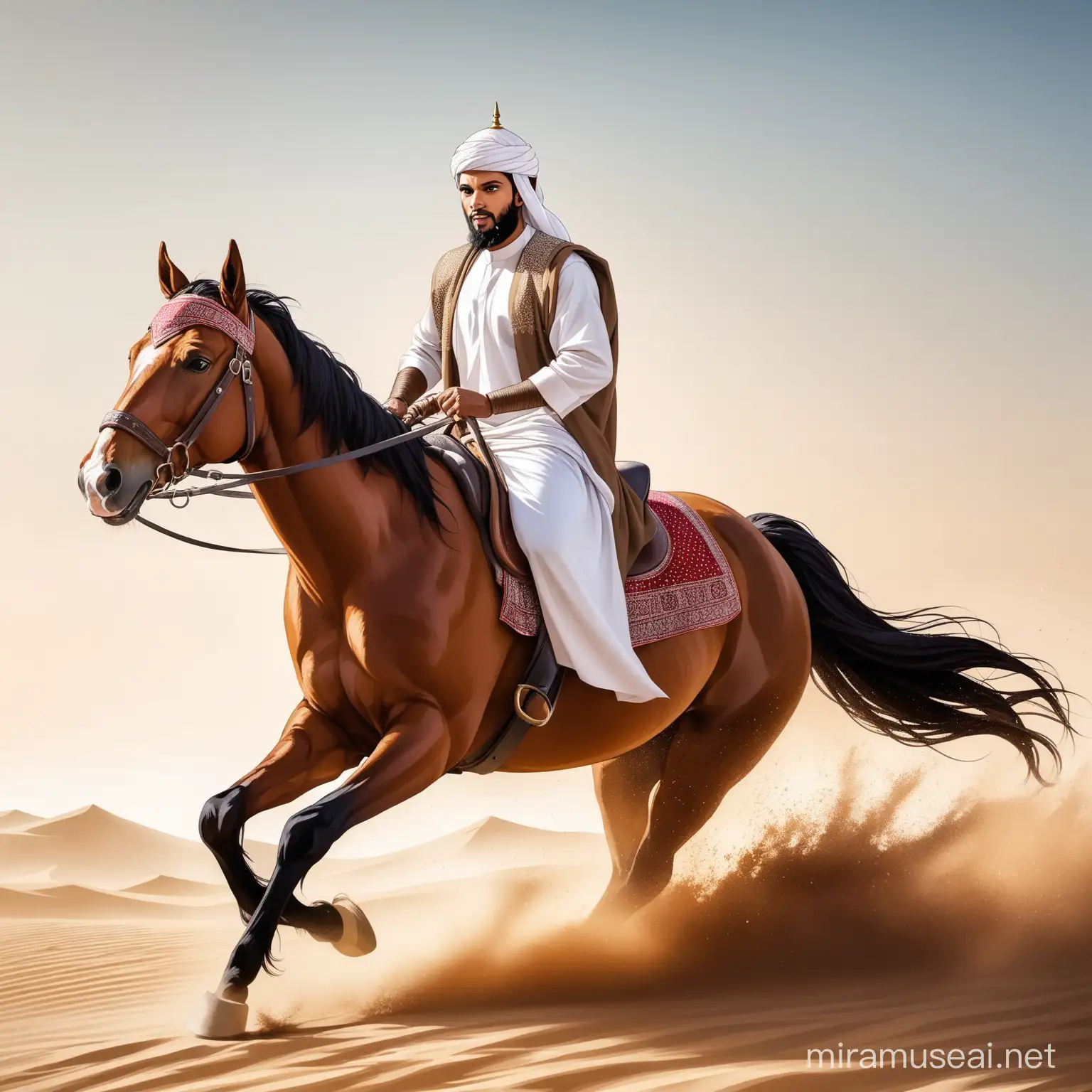 Muslim Warrior Riding Majestic Horse in Desert Landscape