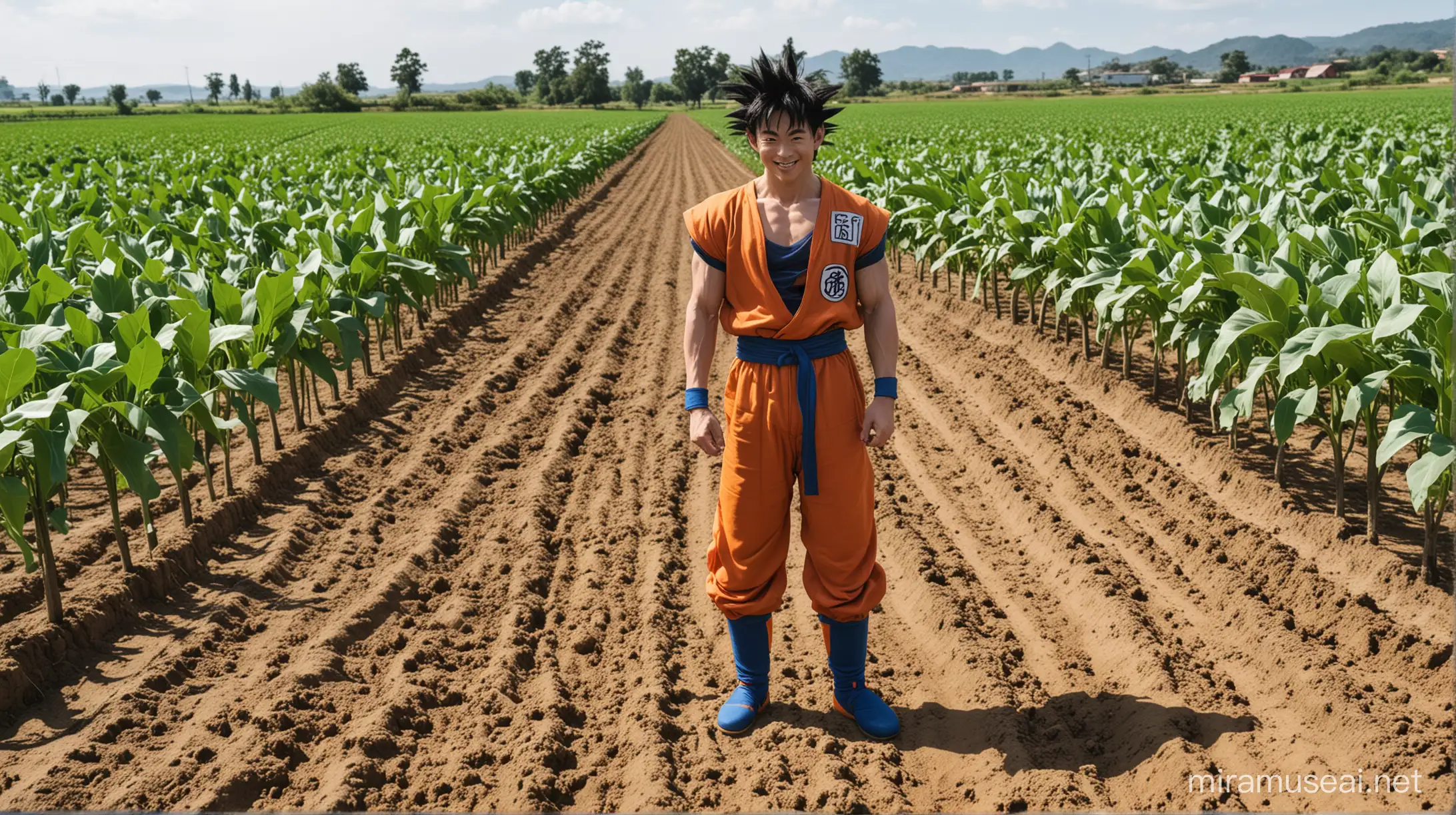 Goku growing crops in a farm, feeling happy.