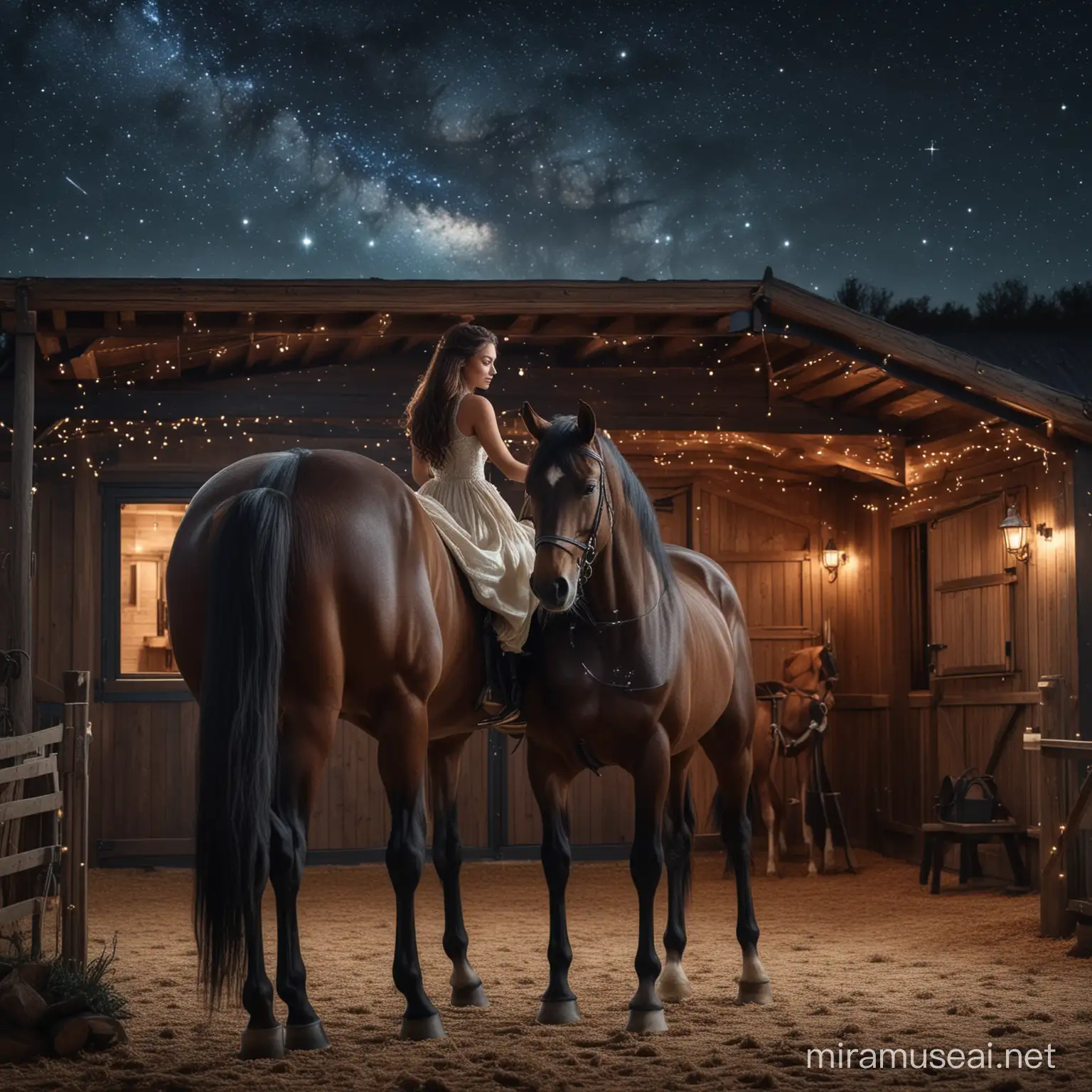 Luxurious Oak Stable Equestrian Love Under a Spiritual Starry Night