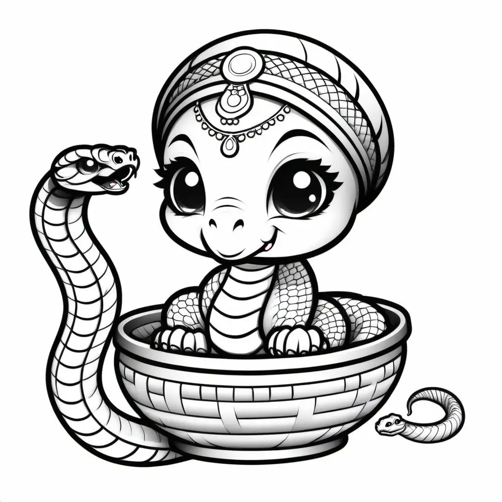 Kawaii Style Baby Indian Cobra Emerging from Snake Charmers Basket Coloring Page