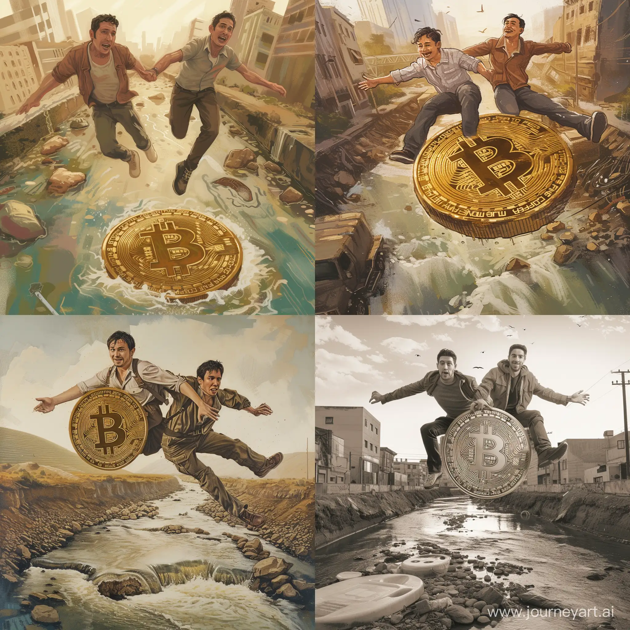 Art. Two handsome men flying on a giant Bitcoin, over a river of sewage and effluence.