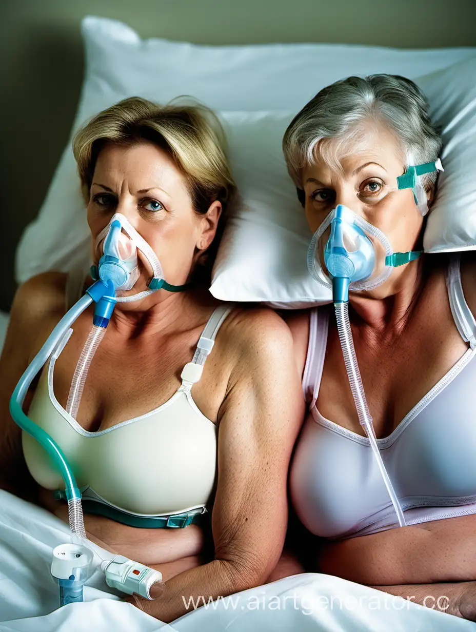 Two mid age australian women, home bed, oxygen mask to face, heart monitor, clear pvc brassiere