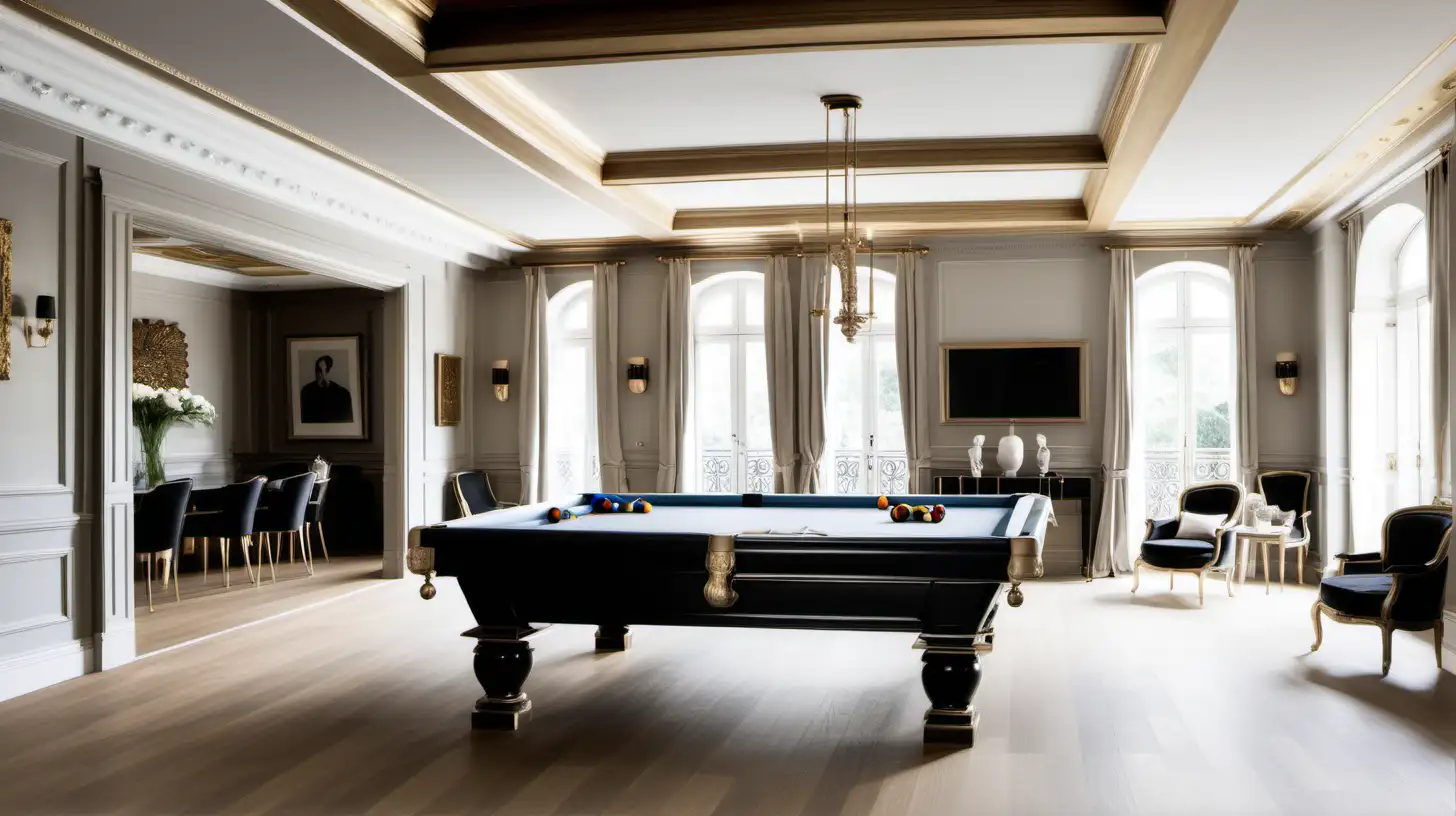 large parisian open plan pool room; beige, oak, brass, black colour palette; oak flooring; all white coffered ceiling; 



