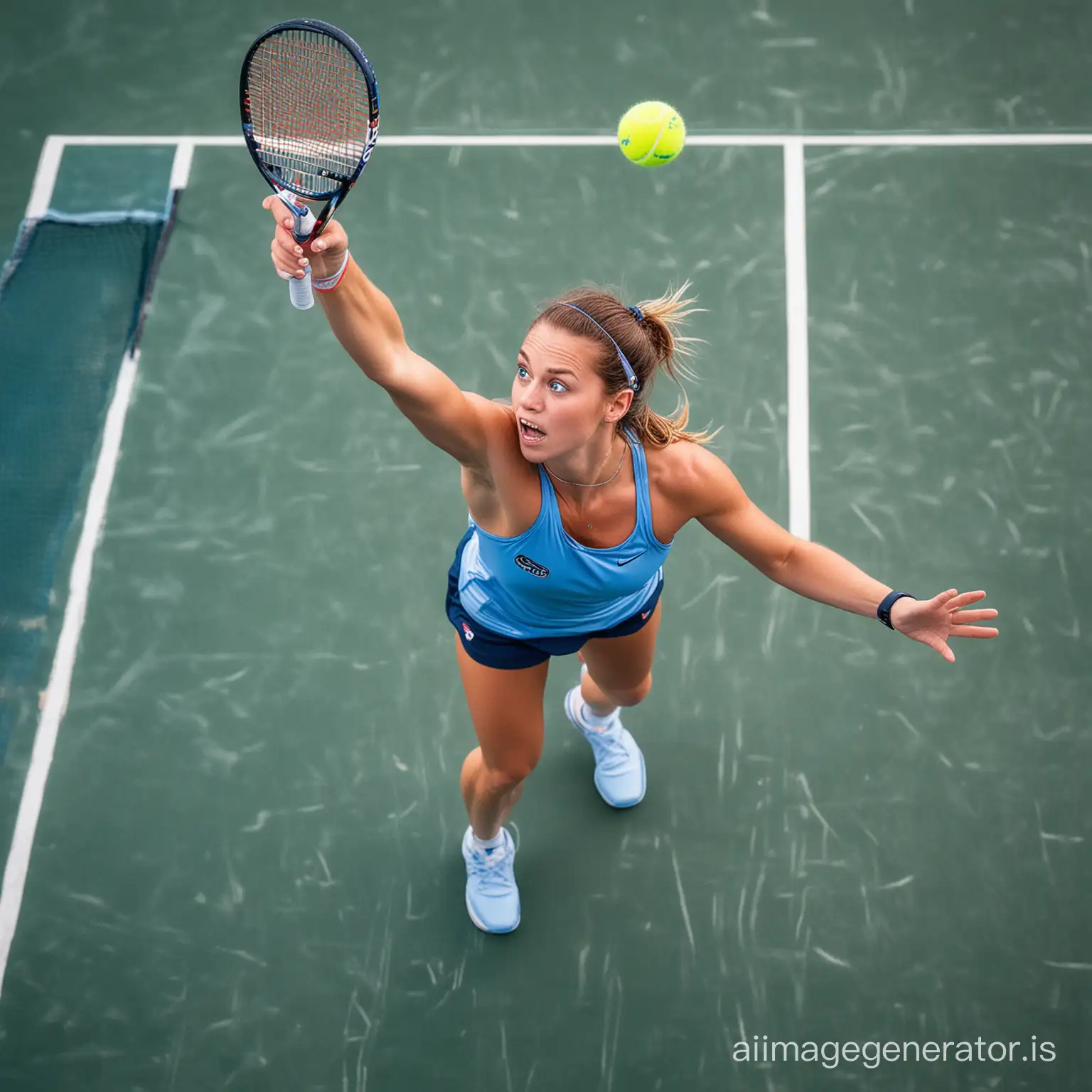 une joueuse de padel aux yeux bleus regarde la balle qu'elle vient de lancer au dessus de sa tête pour smatcher, la photo est prise depuis  le dessus d'elle