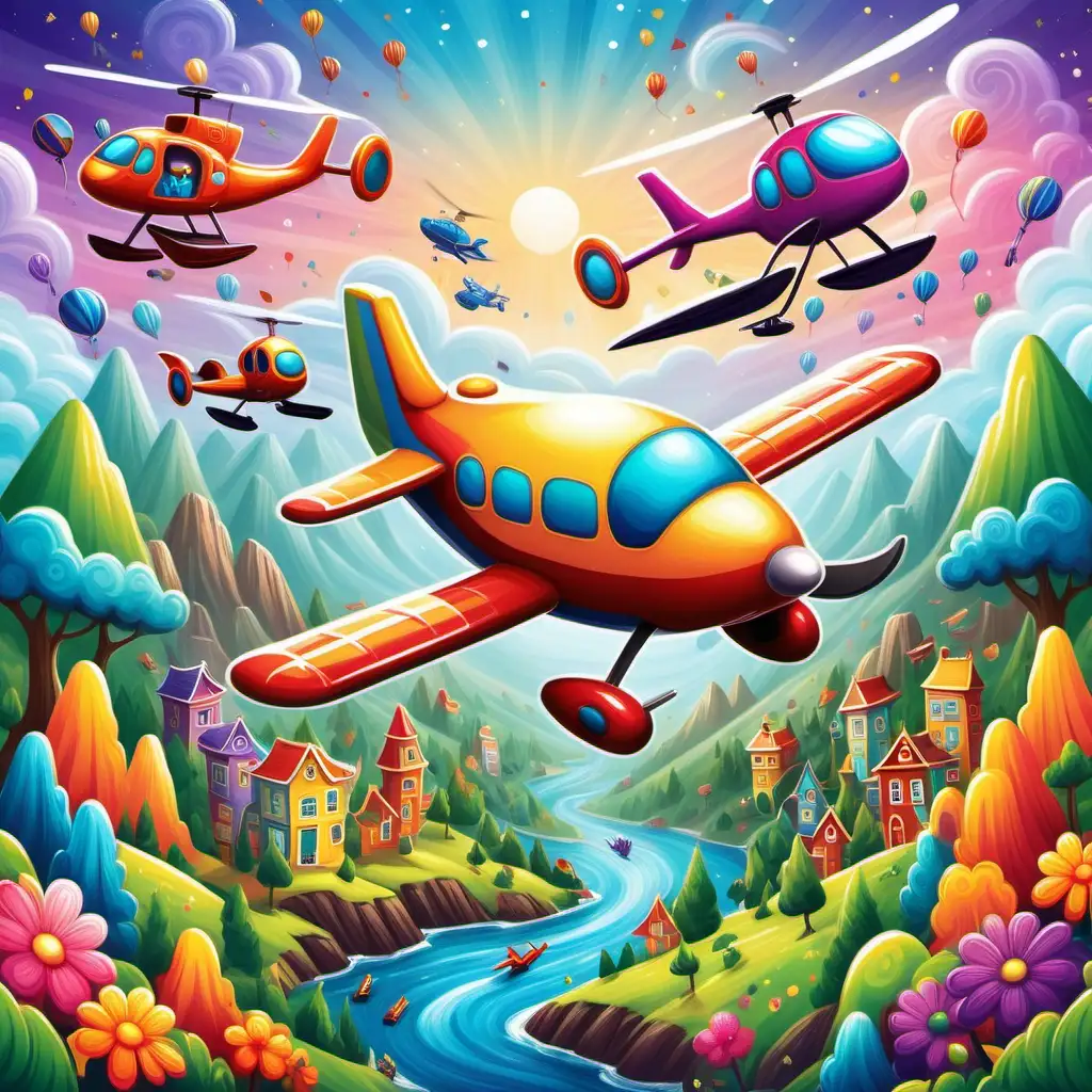 "Create a whimsical and colorful design featuring their favorite ,plane and helicopter , vibrant landscapes, or imaginative characters, sparking joy and creativity 
 
