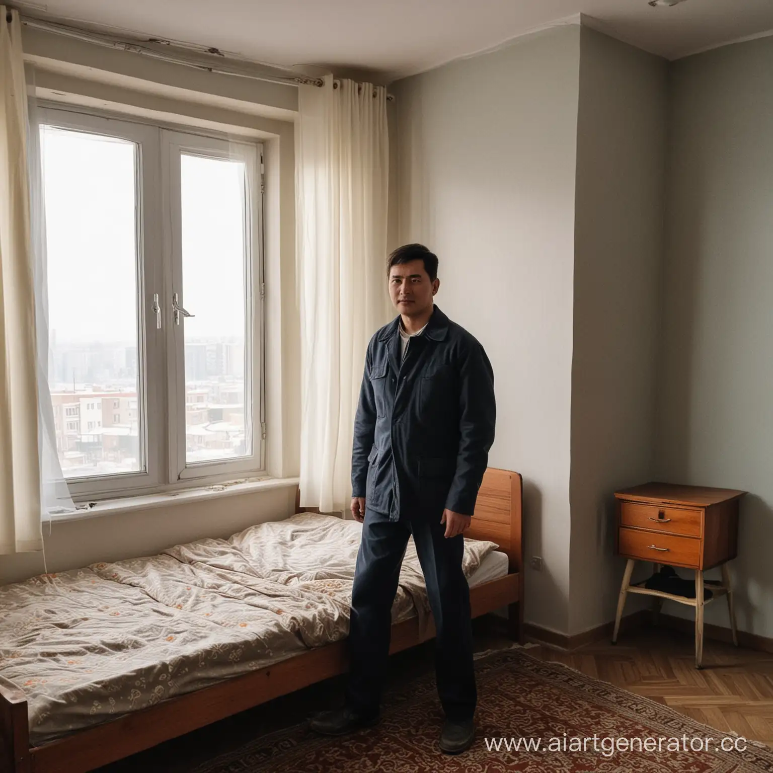Мужик который живет в конце 20 века в Казахстане.  Который живет 43м² квартире на пятиэтажном доме он живет в пятом этаже