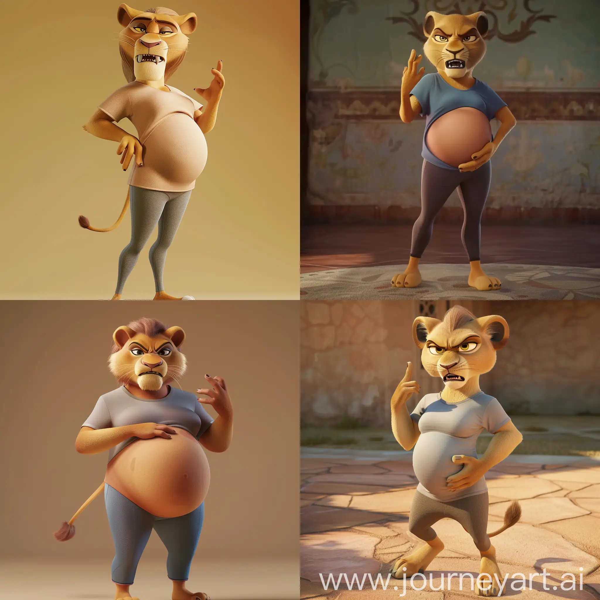 a pixar 3D animated film featuring a pregnant lioness woman wearing a t-shirt and leggings, looking angry at the camera, gesturing at her belly.