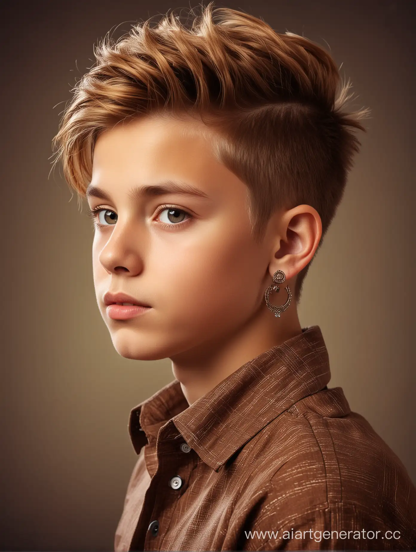 Мальчик 12 лет. Терокотовые волосы. Серни в ушах. Стильная причёска. Фото в стиле арт. 