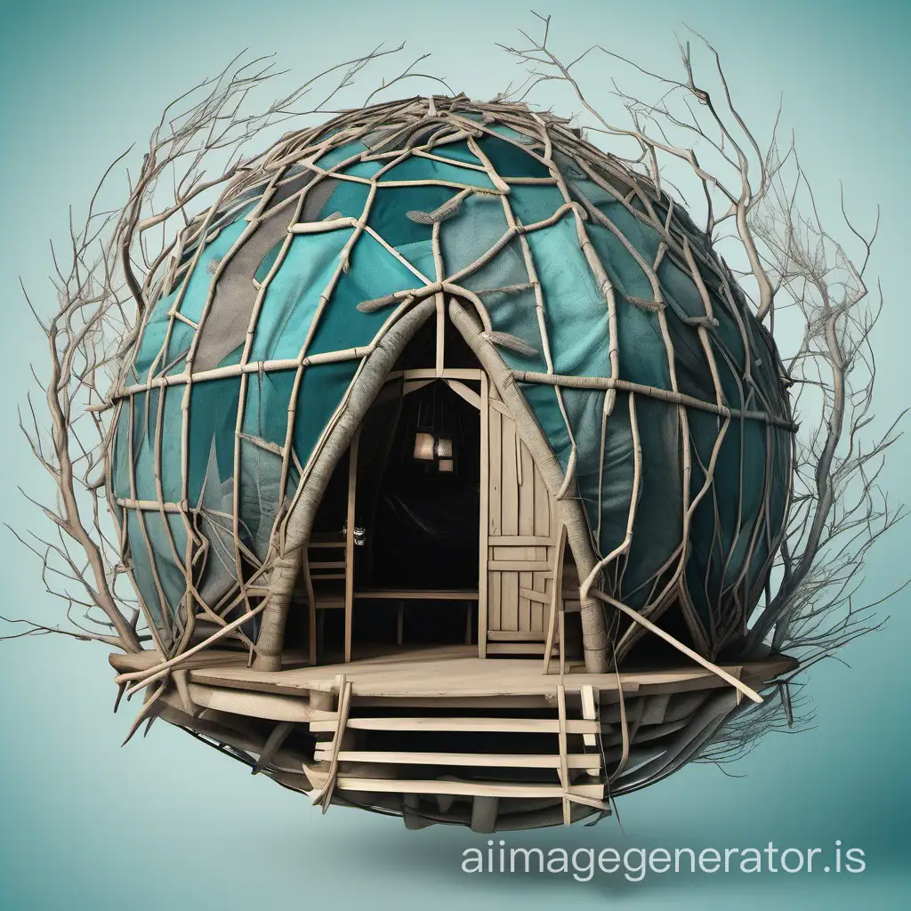 A hut in the shape of a hemisphere made of branches and sackcloth, with a stove inside and benches and skins on the floor and benches, and more skins and dream catchers, and even more skins and dream catchers, and even more skins and dream catchers, and feathers on the outer walls of the hut, with white, turquoise and bluish shades, waving in the wind, for a small sticker