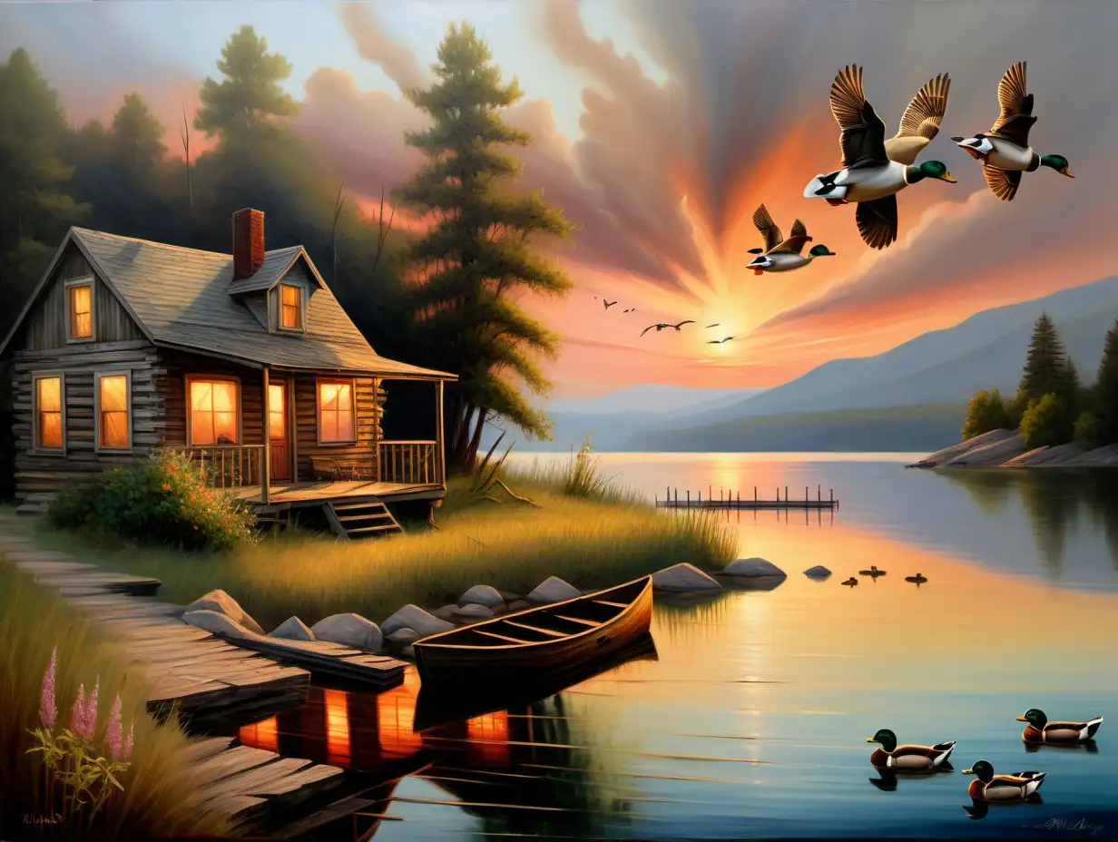  oil painting, old cabin on cliff, lake front , old pier, old boat, sunset,  weeds in lake, rock shoreline, 3 mallards in forefront flying, smoke from chimney