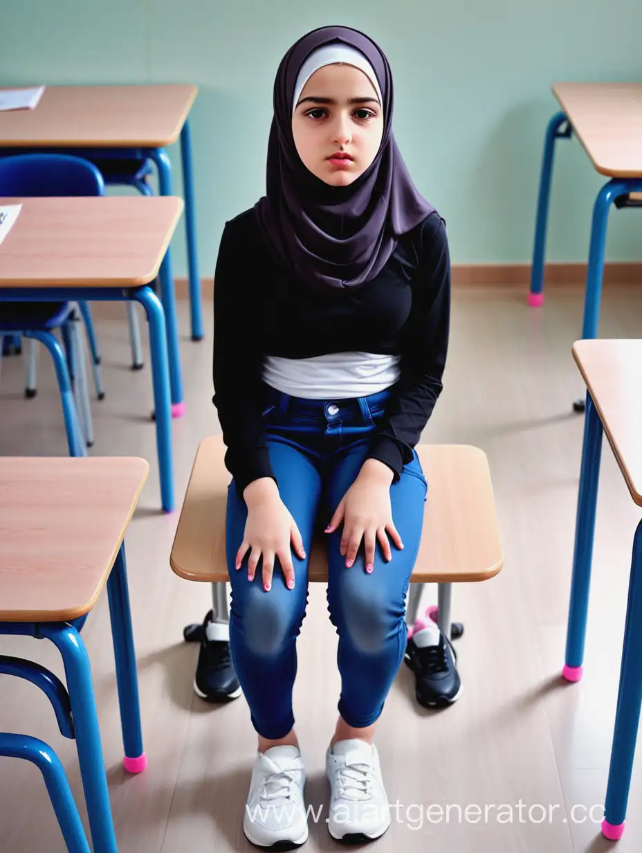 A girl wears hijab. The girl wears a high waist tight jeans, sport shoes. 12 years old. From the table. Top view. Classroom. Cute, beautiful, plump lips, soft make-up, turkish. She is in pain.