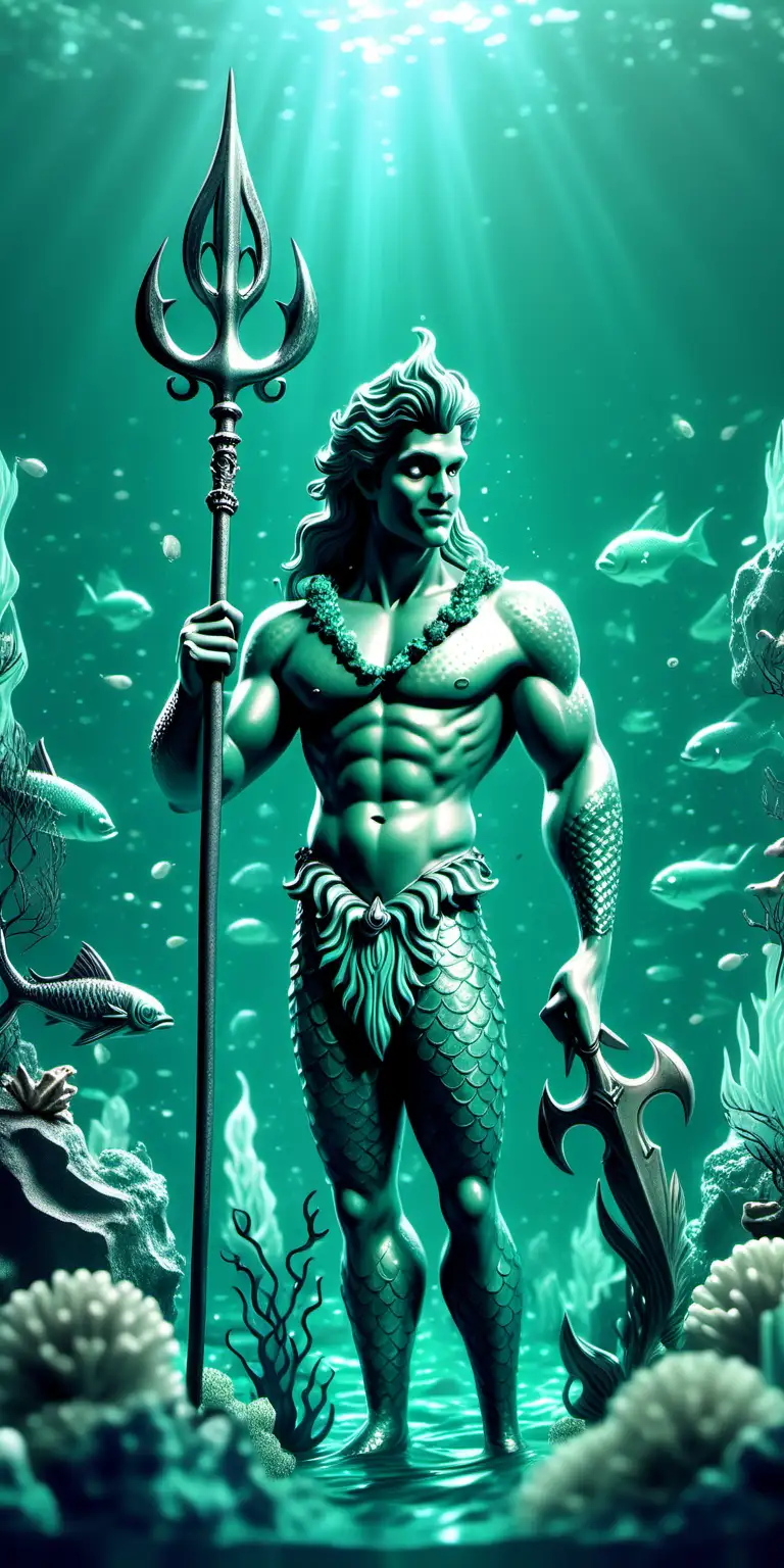 MintToned Cartoon Merman with Trident Underwater Fantasy Art