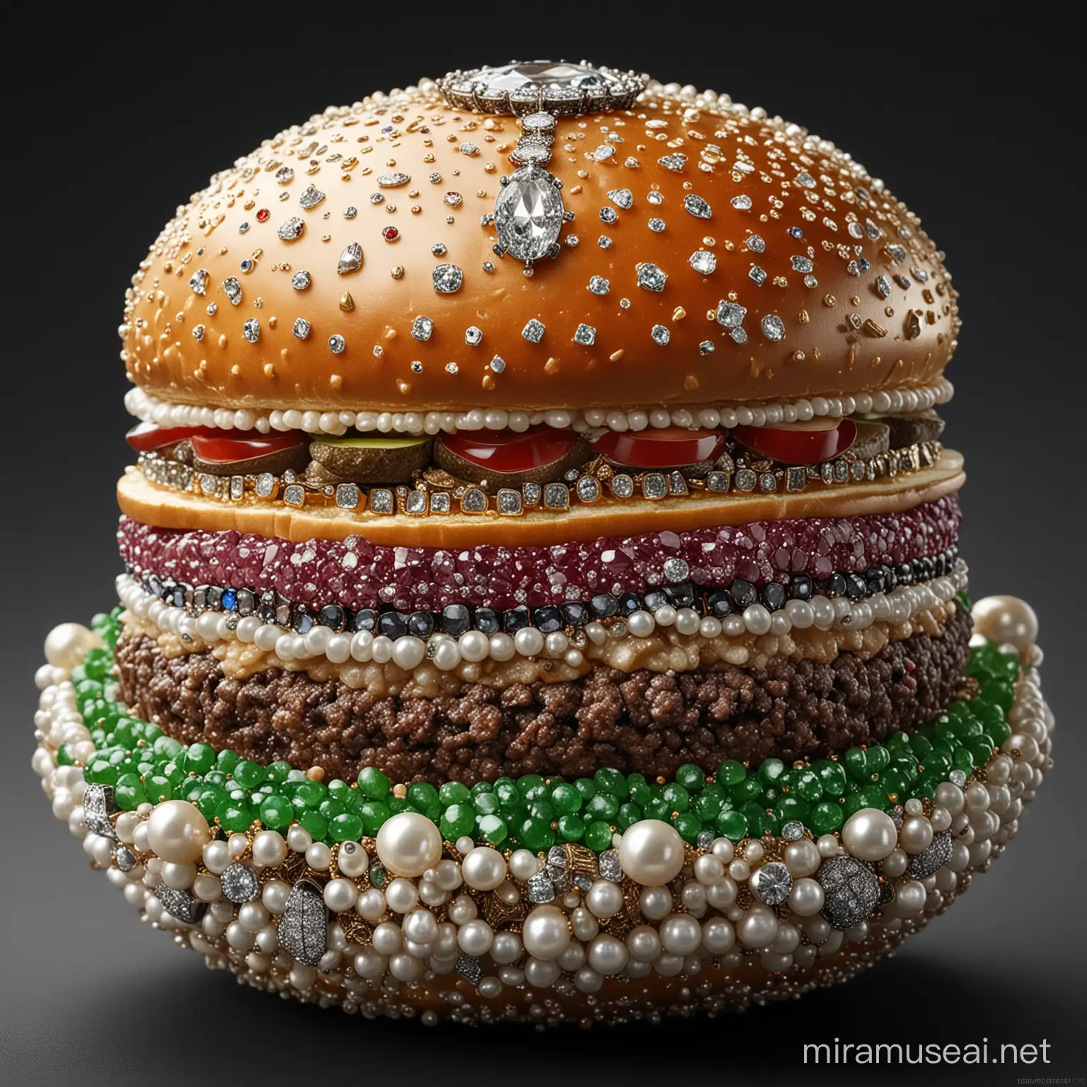 a piece of hamburger with jewels, pearls and diamonds, in the style of iconic works of art history, colorized, yankeecore, i can't believe how beautiful this is, gemstone, oversized objects, sabattier effect