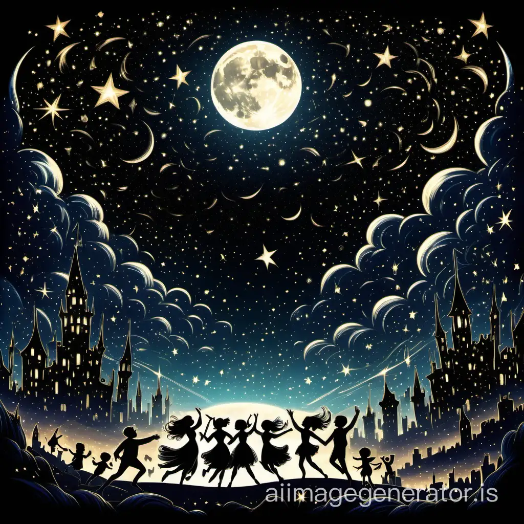 A starry sky shining brilliantly against a black background, with shooting stars crossing the night space. Silhouettes of distant illuminated cities dot the horizon, adding a touch of mystery and romance to the atmosphere. In the foreground, fantastical characters and mythical creatures dance and revel in a lively celebration under the magical glow of the moon.
