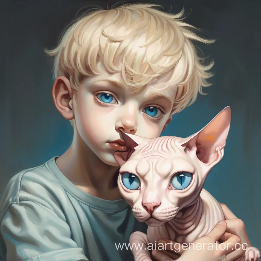 мальчик с кукольным лицом блондин с голубыми глазами с  кошкой сфинкс на руках
