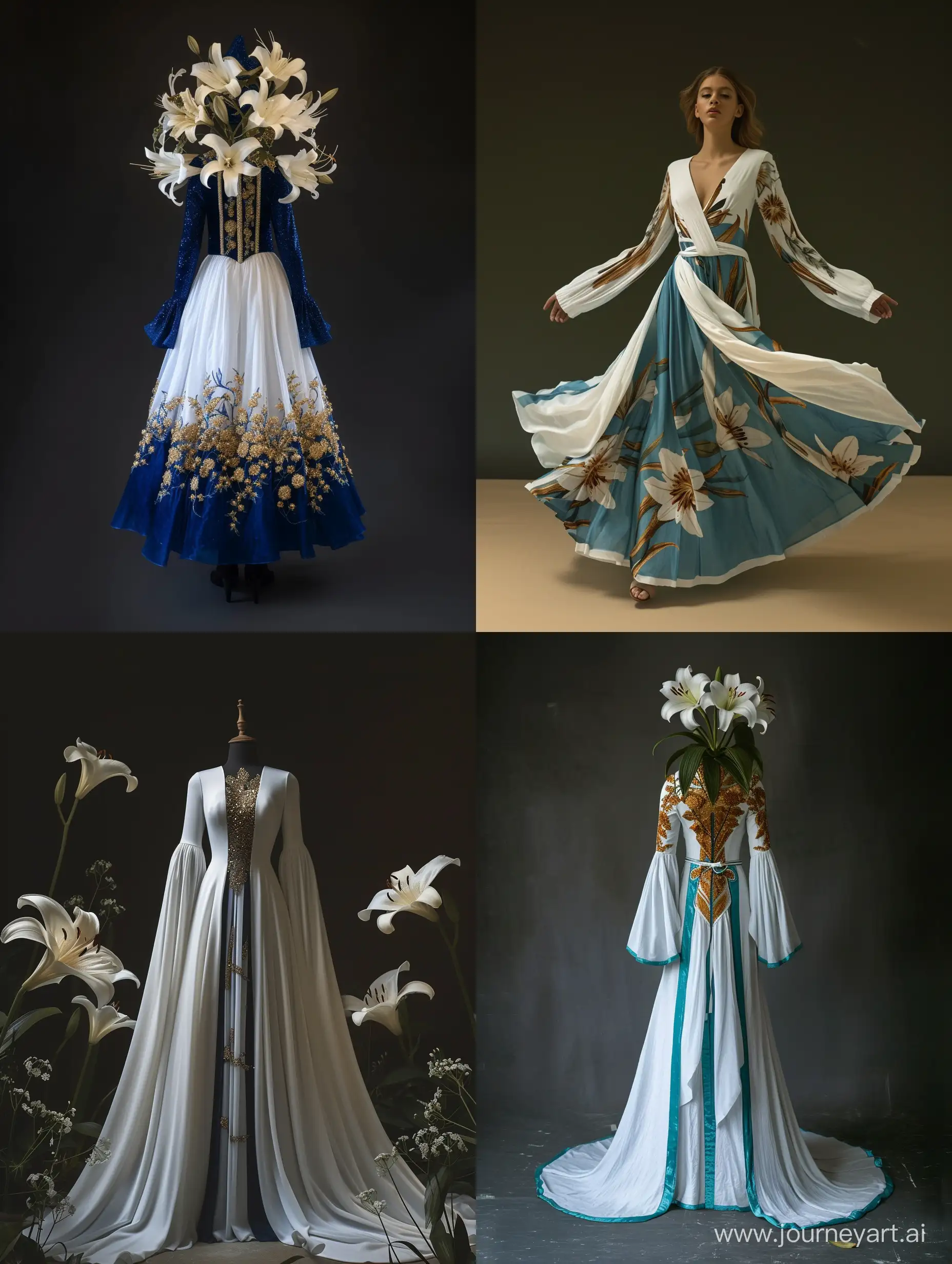 design extravagant fashion dress, white or king blue color, with long sleeve inspired by golden bosnian lilium