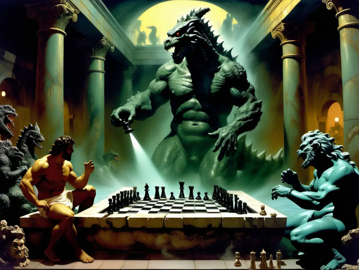 Zeus playing chess against Godzilla in an  ancient Rome bath house at night in style of surrealism by frank frazetta