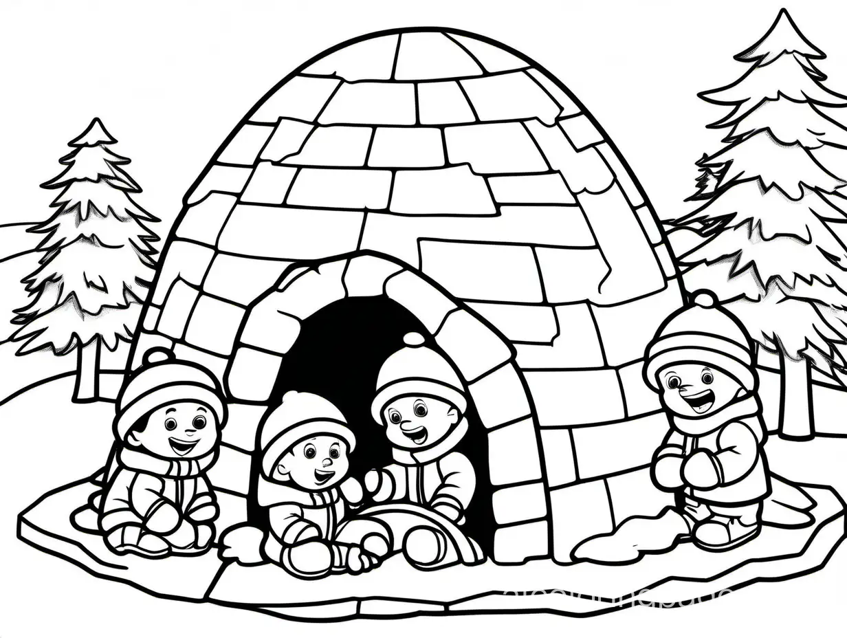eskimos making an igloo out of ice
, Coloring Page, black and white, line art, white background, Simplicity, Ample White Space. The background of the coloring page is plain white to make it easy for young children to color within the lines. The outlines of all the subjects are easy to distinguish, making it simple for kids to color without too much difficulty