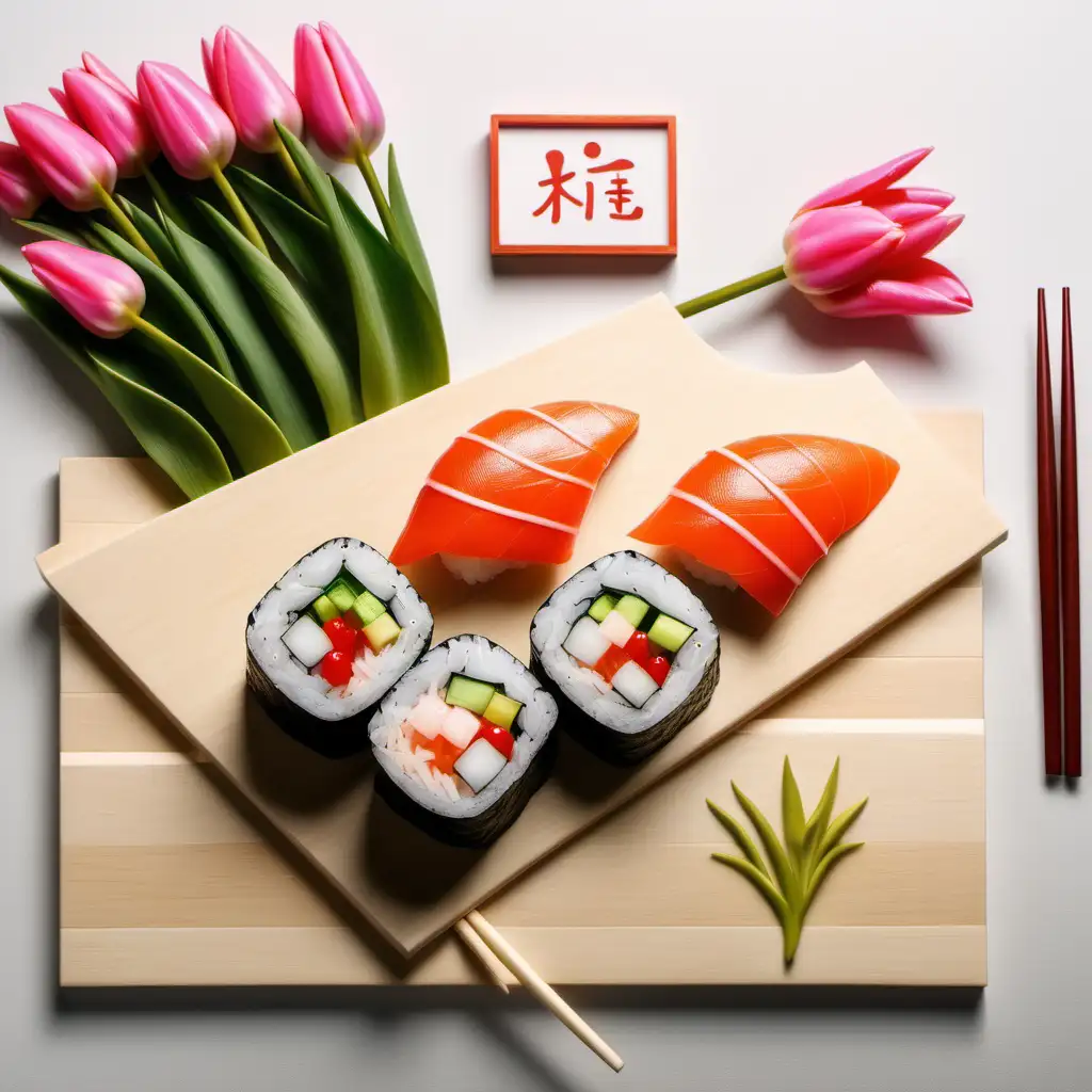 привет сделай мне картинку на которой будет изображенно суши и тюльпаны , и должгл быть написано 8 марта 
