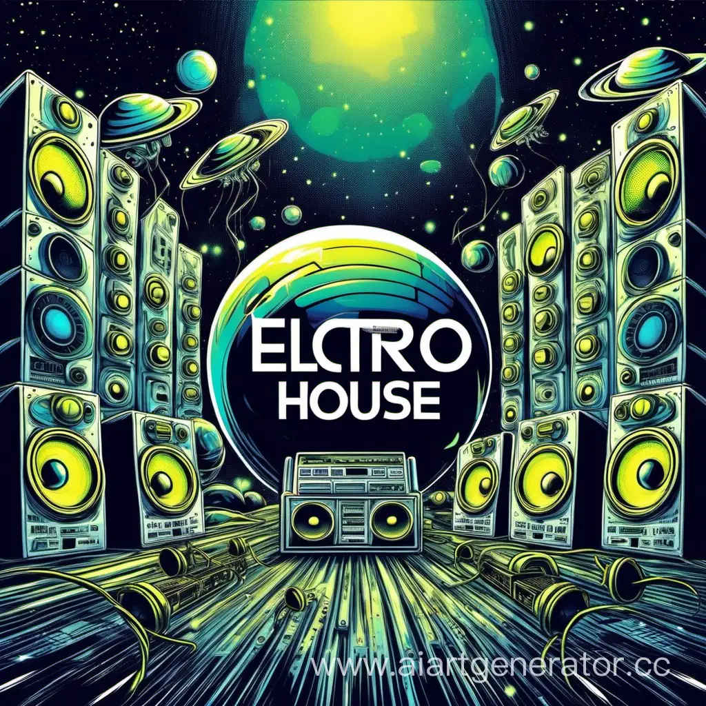 Обложка музыкально электро жанра Bass House  на фоне инопланетян и космоса с колонками 