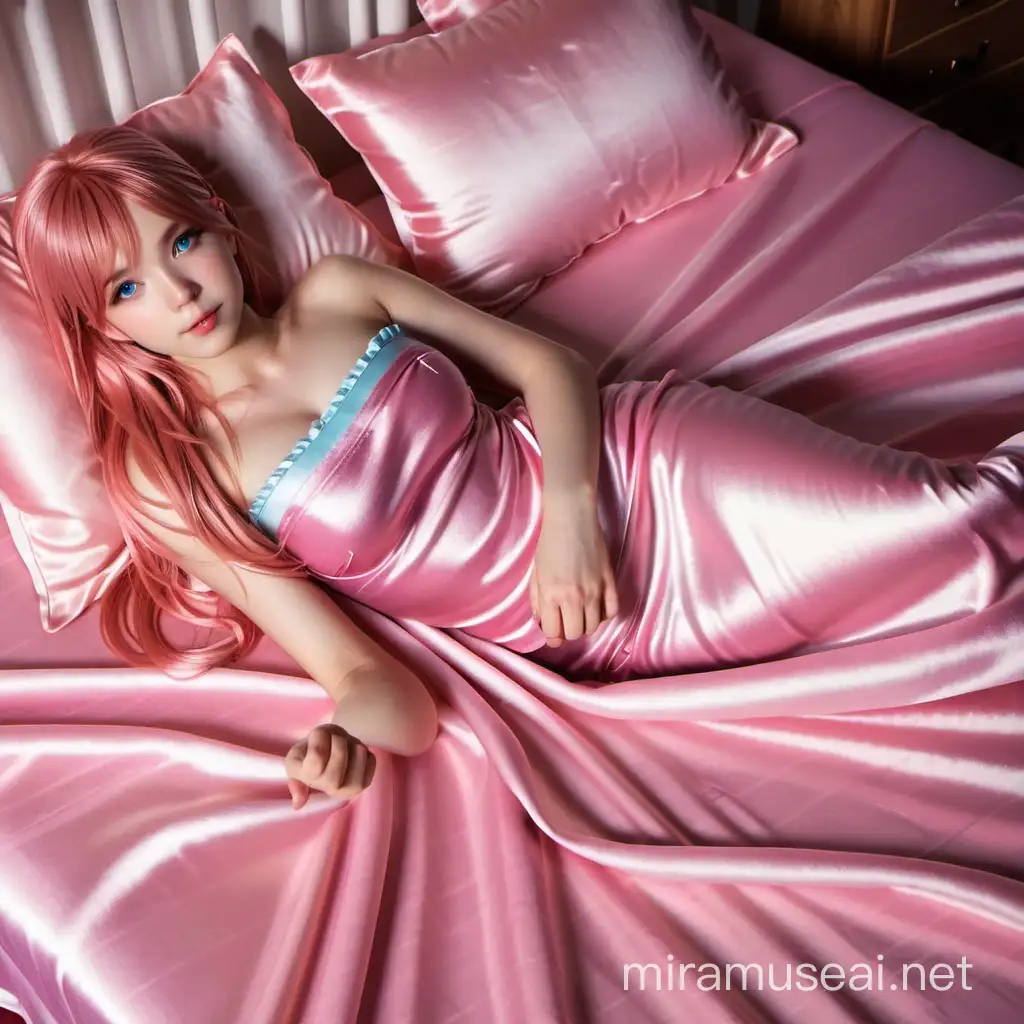 a beautiful woman lying on pink satin bed cover sheets and strapless, 1girl, solo, realistic, megurine luka, long hair, pink hair, blue eyes, bed sheet, looking at viewer, full body