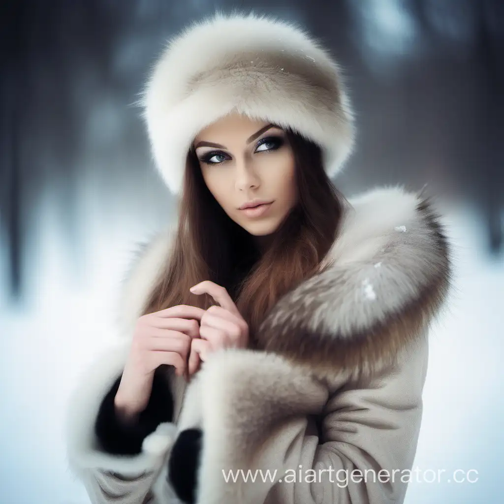 красивая девушка в зимней шапке и короткой шубе стройные ножки в чулках снег русская зима
