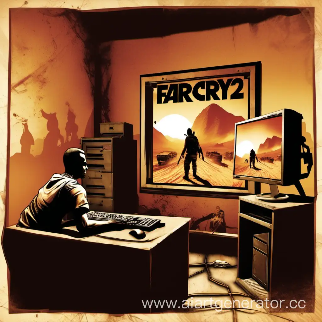 Игрок сидящий в комнате за комьпютеоом и играет в far cry 2