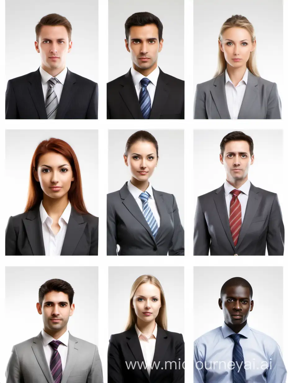 six business people from the front with white background, without overcutting, men and women equally distributed, men without tie
