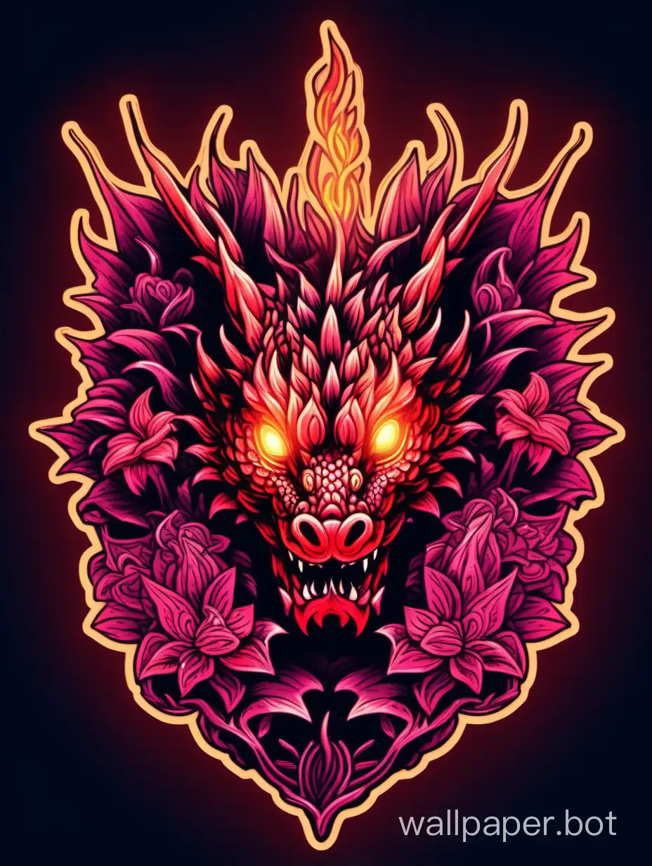 head of dragon, red neon, neon high light, light shadows, intricated flowers, ornamental fire, sticker art