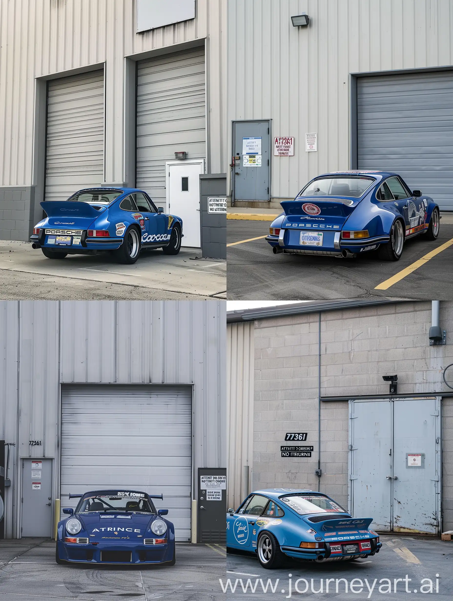 Sleek-Blue-Porsche-911-Parked-at-Industrial-Facility-with-Striking-Decals