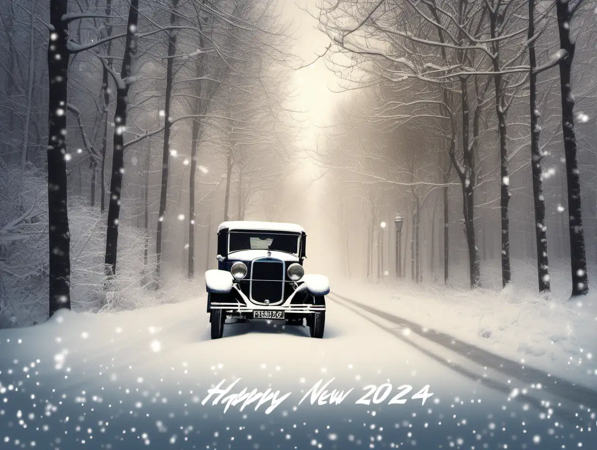 Realistic photo of a road with trees in the snow with a Ford T after tuning as a New Year's card with the text "HAPPY NEW YEAR 2024"
