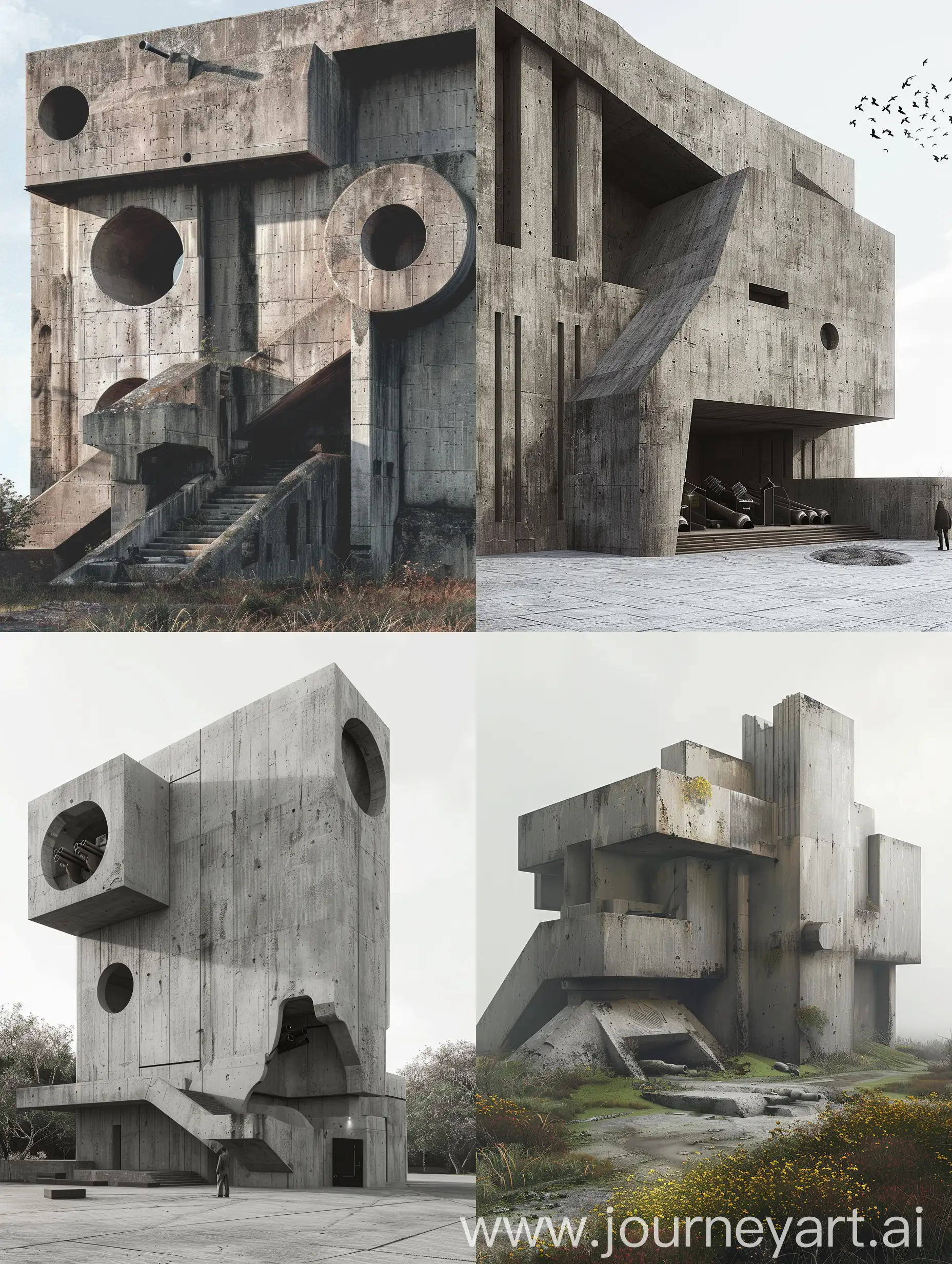 design a artillery museum building in brutalist architecture form