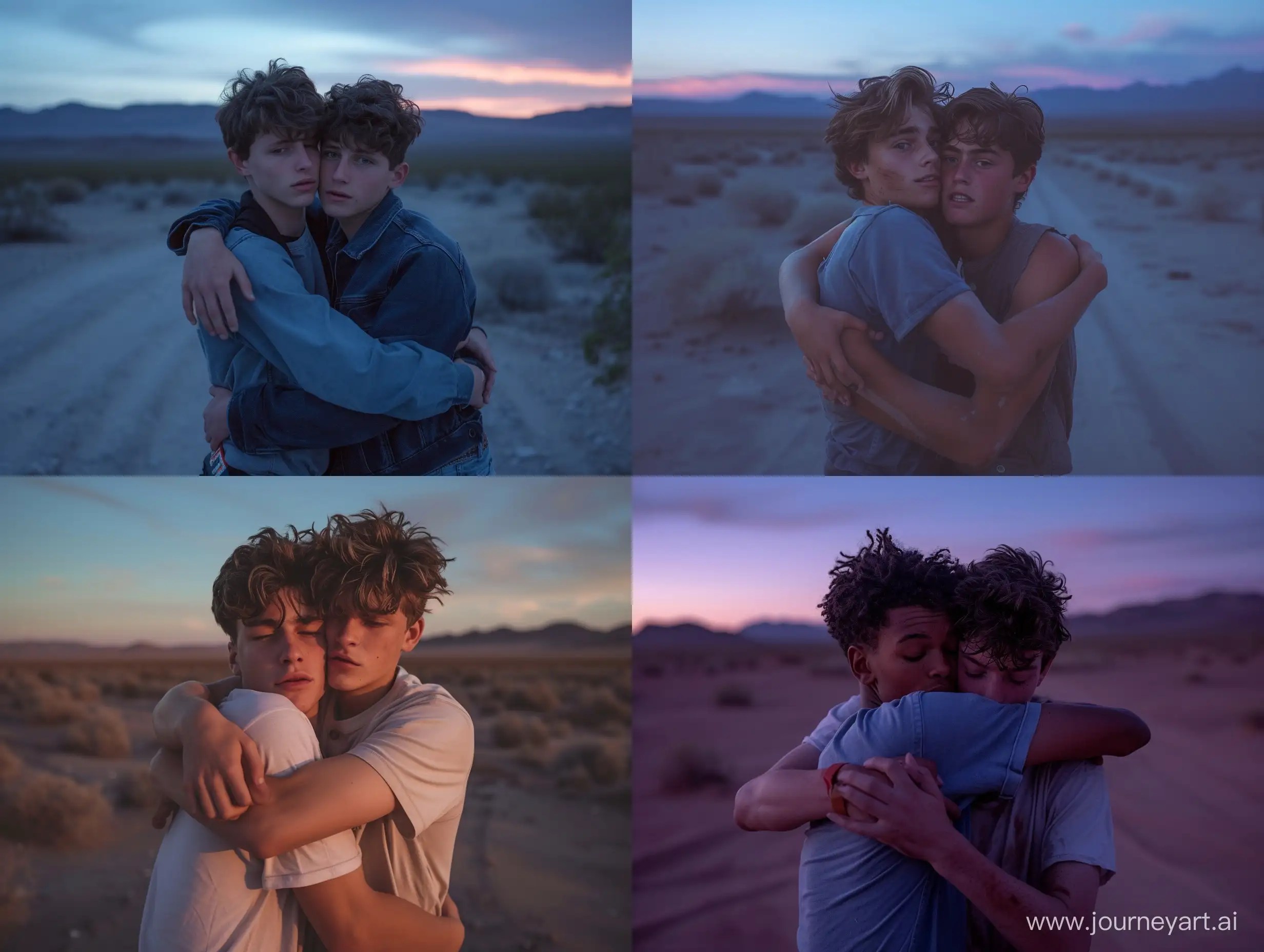 A cinematic photo of two male teens hugging in the middle of a desert at dusk