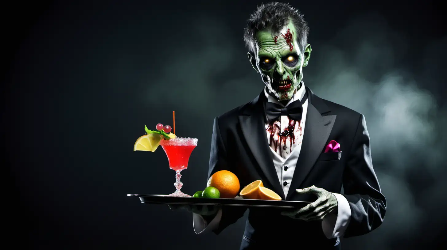 Servant zombie in a tuxedo holding a tray with a cocktail on it