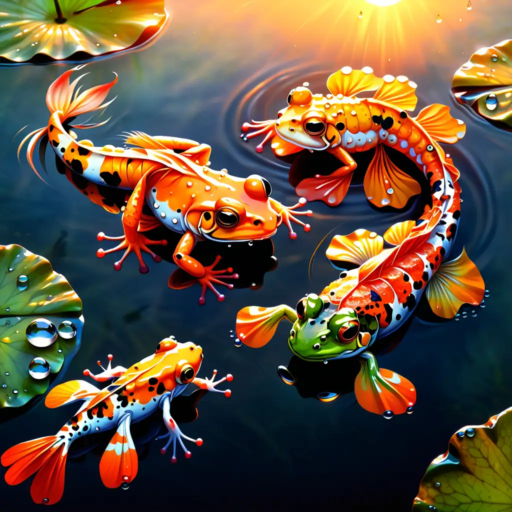 Tranquil Pond Scene with Frog Koi Fish and Shrimp at Sunset