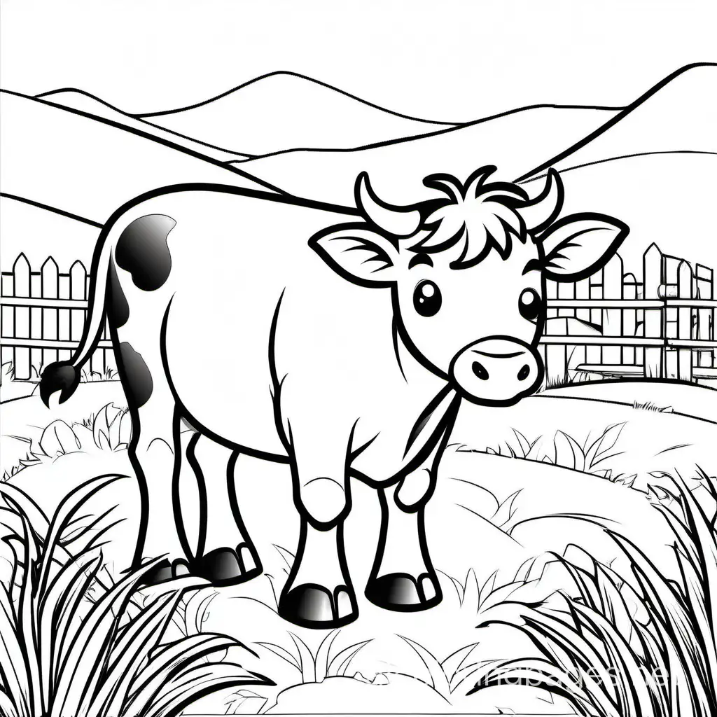 PLAYFUL CUTE COW PLAY IN FARM, Coloring Page, black and white, line art, white background, Simplicity, Ample White Space. The background of the coloring page is plain white to make it easy for young children to color within the lines. The outlines of all the subjects are easy to distinguish, making it simple for kids to color without too much difficulty