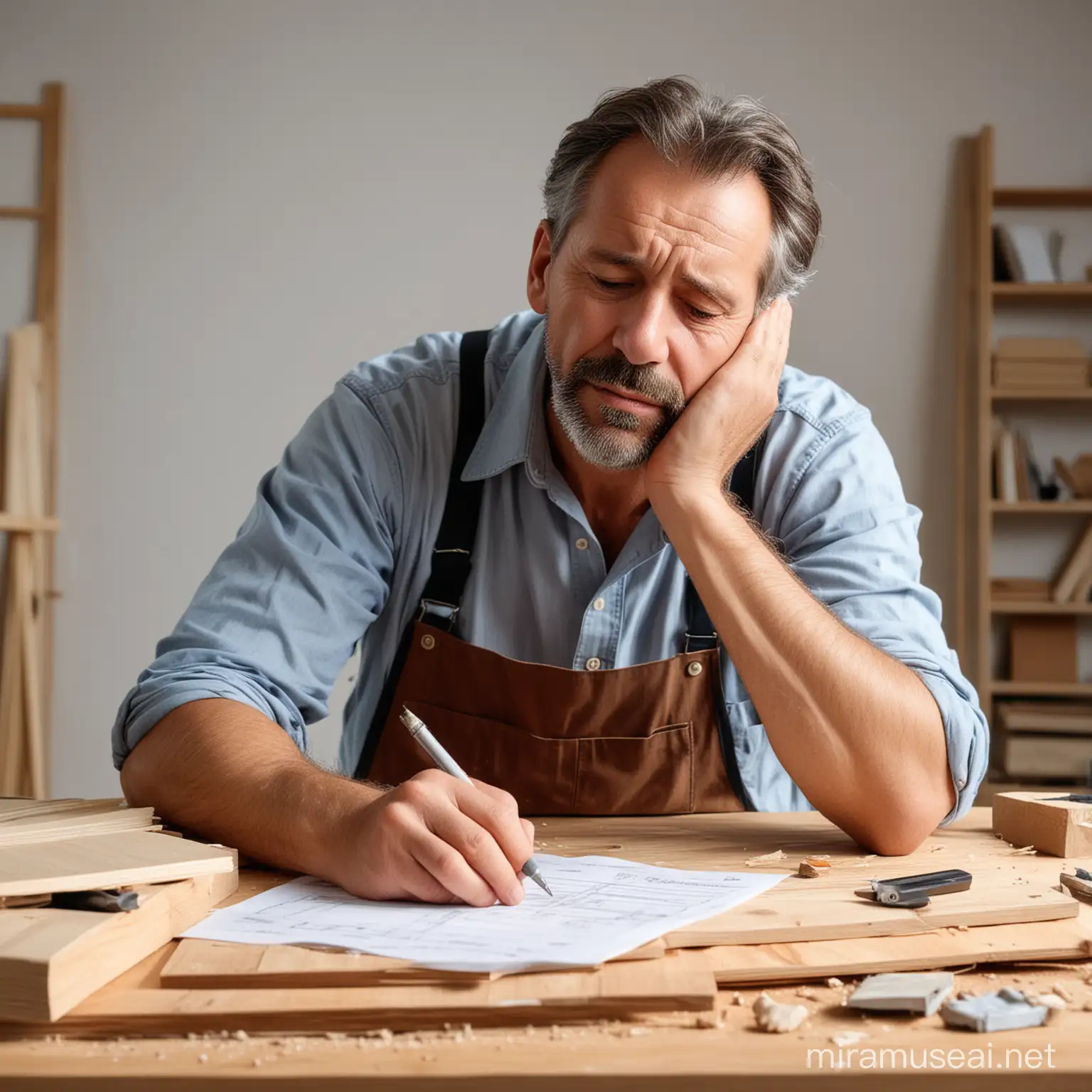 tired carpenter 50 years old stressed over paperwork

