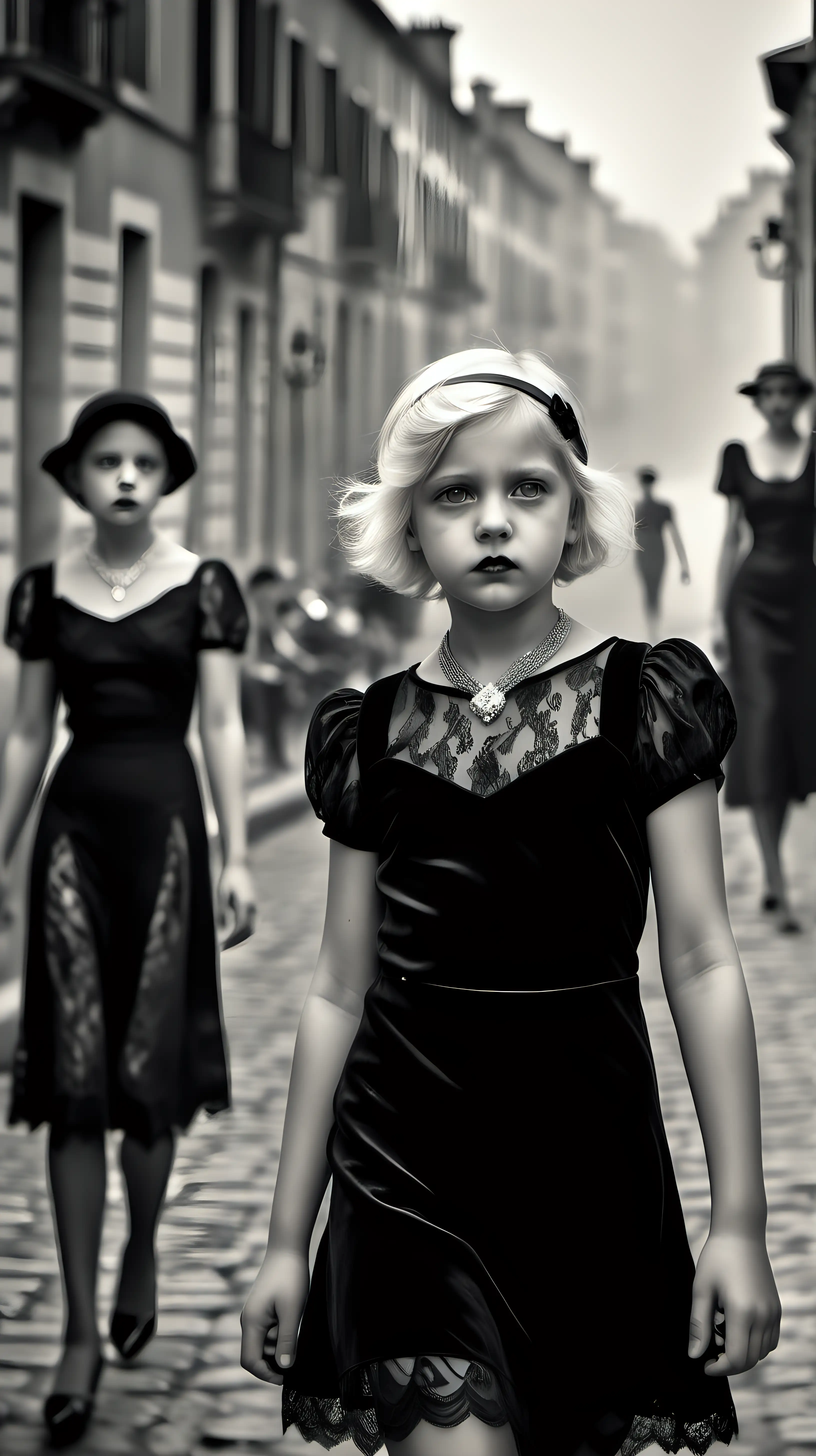 Elegant Young Girl in 1930s Fashion Walking by French Waterfront in Foggy Black and White Photograph