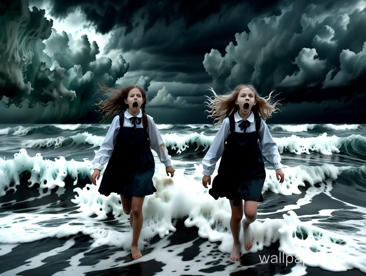 two schoolgirl friends flee from the terrifying ghost of Caries along the waves of foamy sea under the stormy sky romanticism