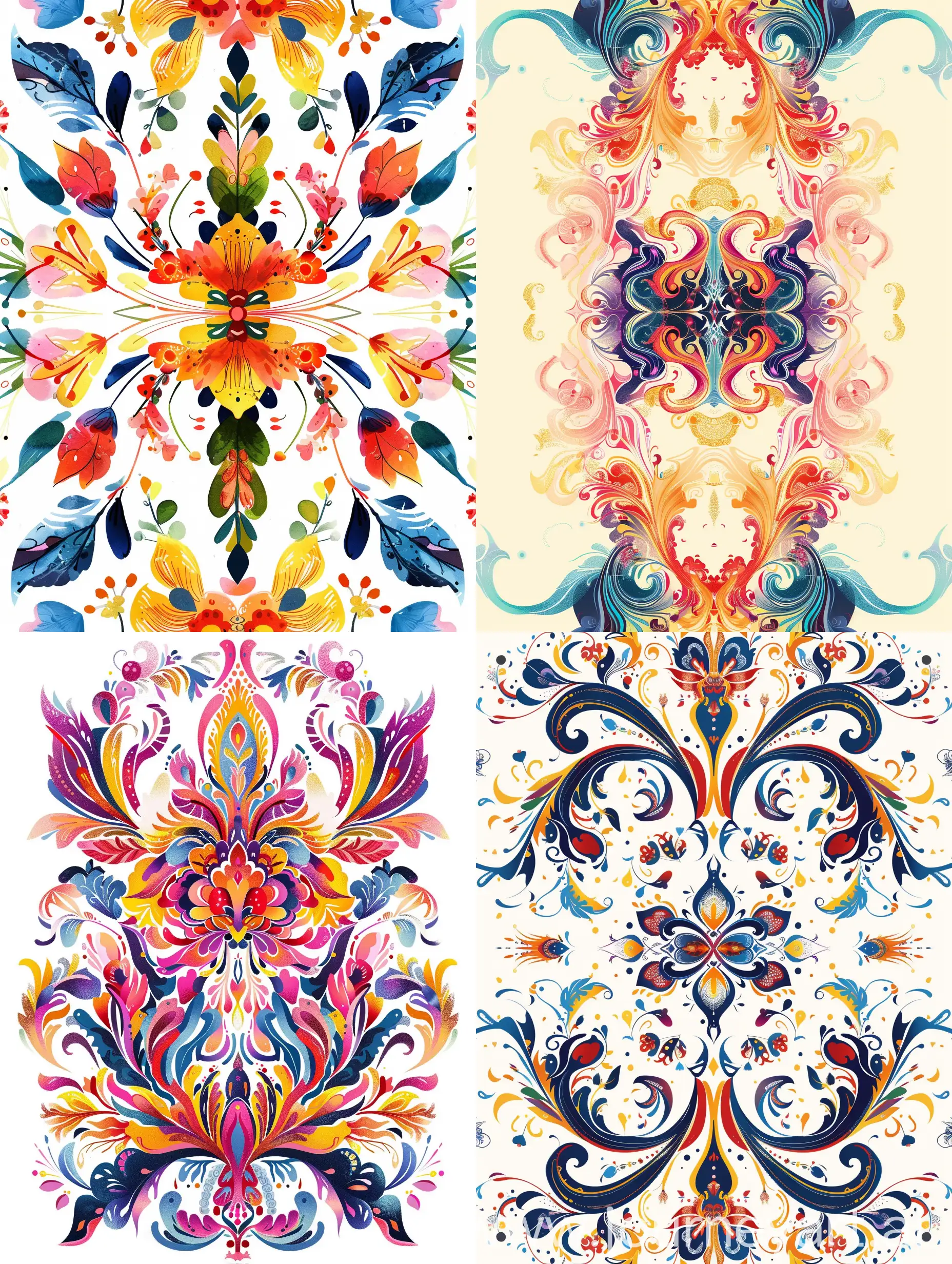 Ornamental royal, reflected vertically, smooth lines, natural summer motifs, bright complex colors, on a white background, few details, VictoriNgai style