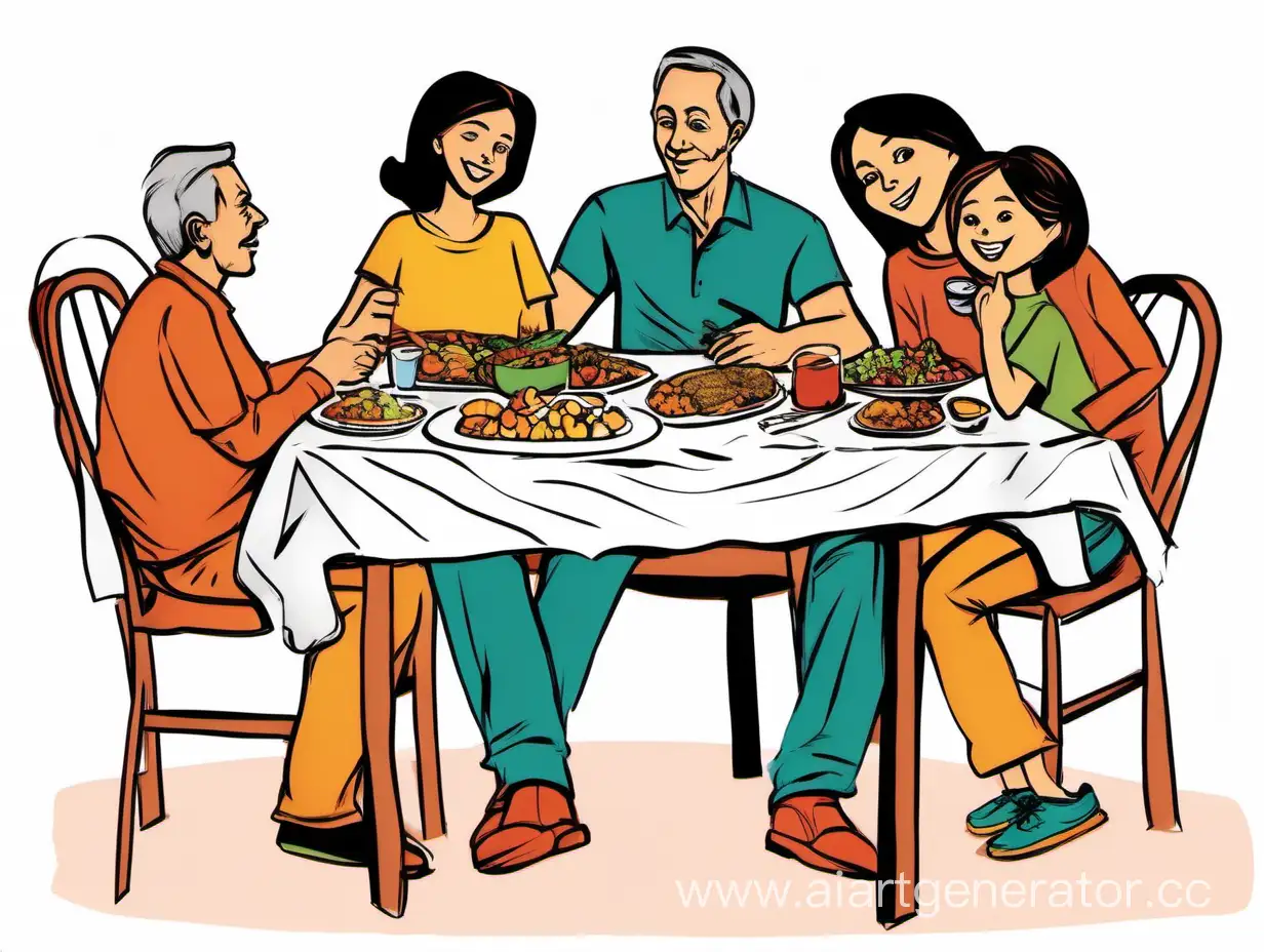 Семья за столом, семейная обстановка, лёгкое для срисовки, семья из 4 человек (отец, мать, старший сын, младшая дочка), более живое, новогоднее, больше красок

