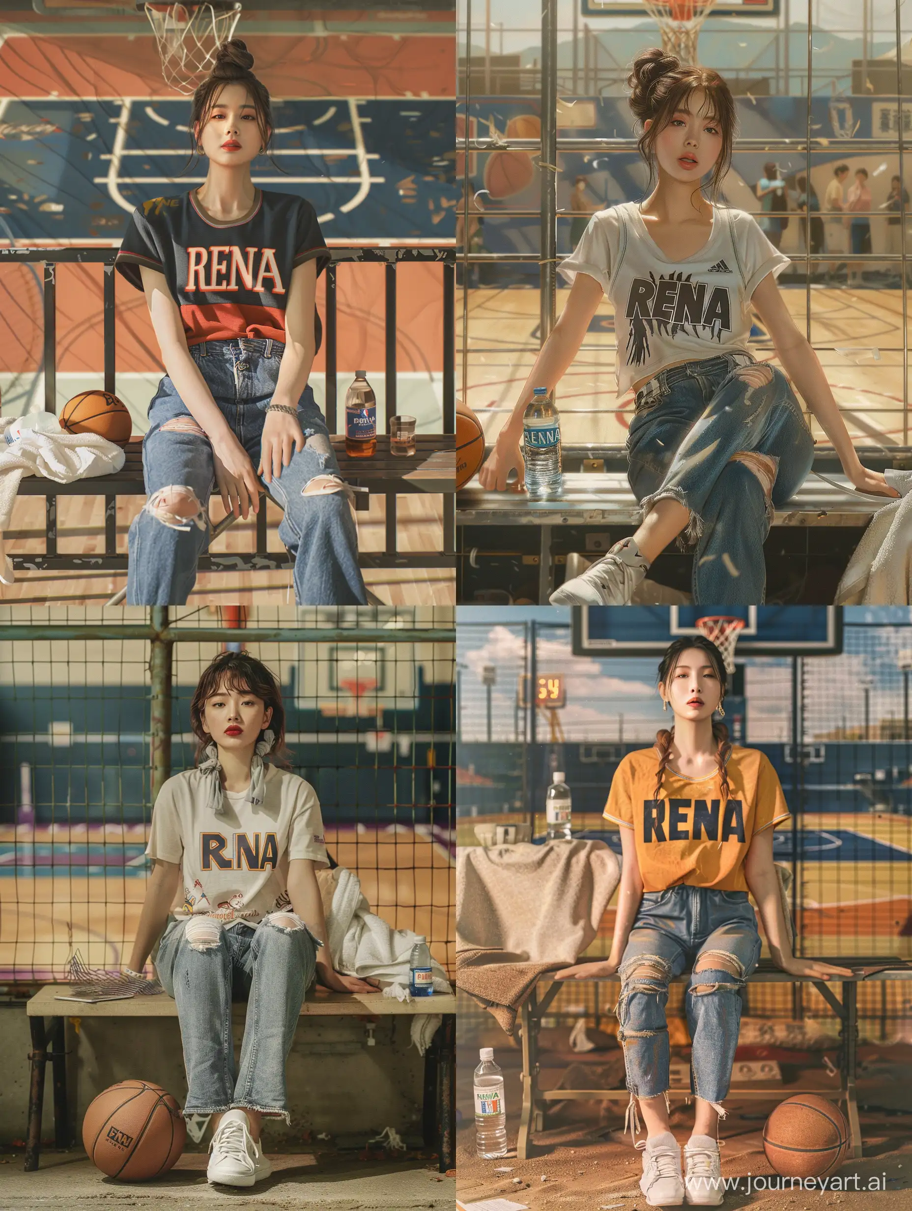 beautiful Asian woman with tied hair wearing a basketball shirt that says "RENA", jeans and white shoes, sitting on a bench in front of the court fence, cinematic background showing a basketball court, basketball, small towel, drinking bottle, 35 mm lens portrait, street clothes ,, shot with sigma f/ 4. Portrait 2.50mm. Original photo. High detail